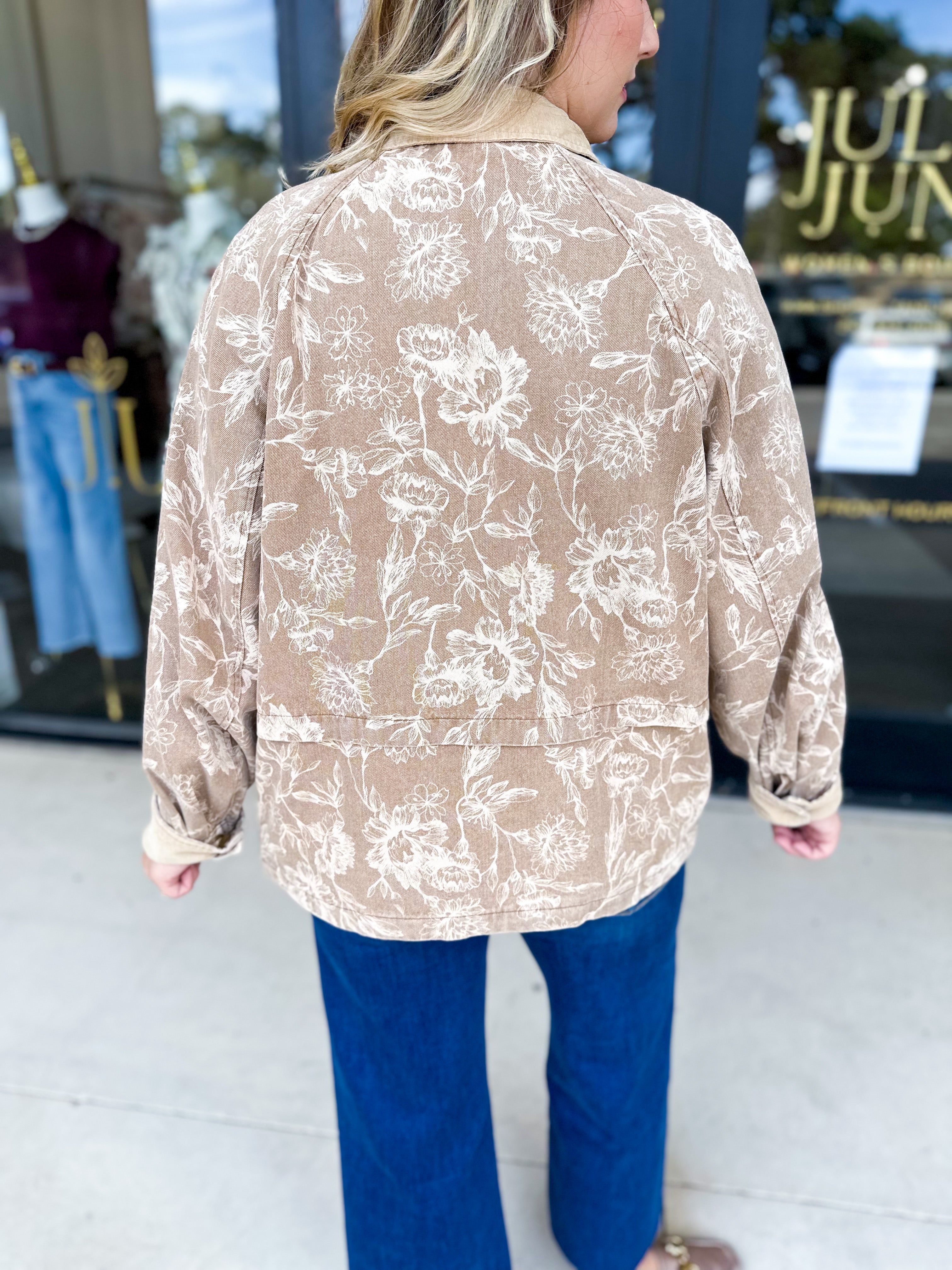 Tan Floral Jacket-600 Outerwear-FATE-July & June Women's Fashion Boutique Located in San Antonio, Texas