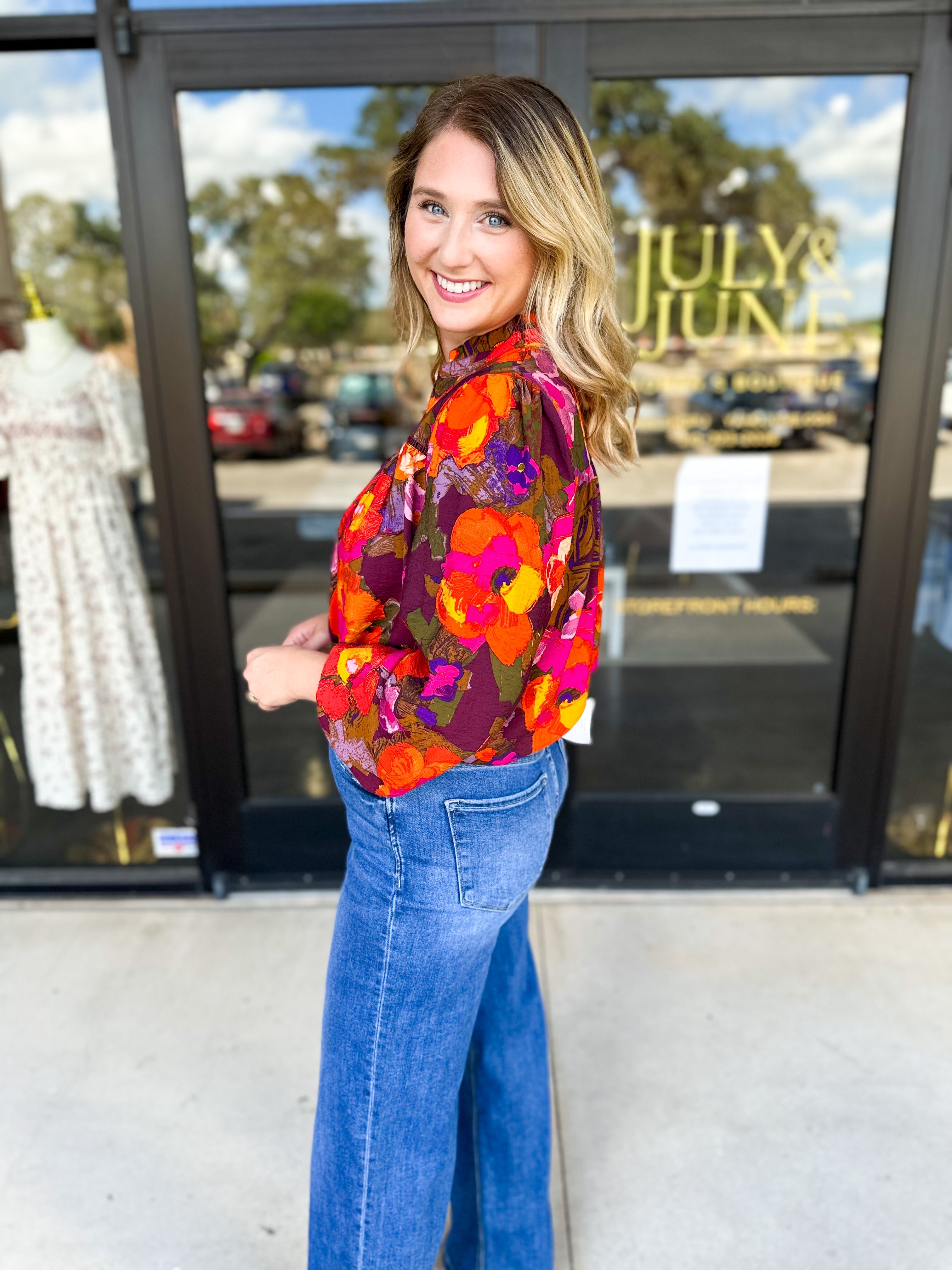 Vibrant Fall Florals Blouse-200 Fashion Blouses-FATE-July & June Women's Fashion Boutique Located in San Antonio, Texas