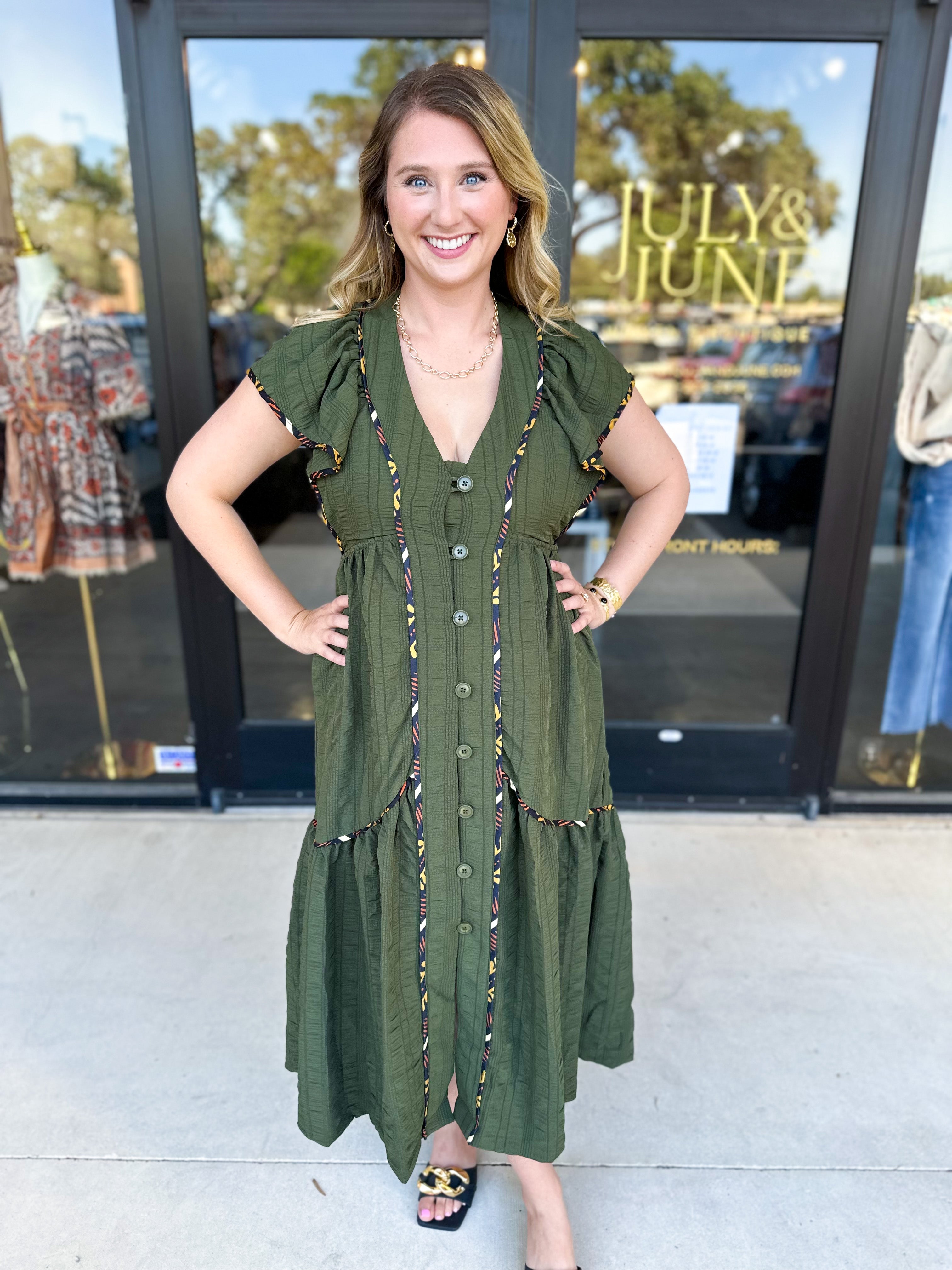 THML - Dark Olive Midi Dress-500 Midi-THML-July & June Women's Fashion Boutique Located in San Antonio, Texas