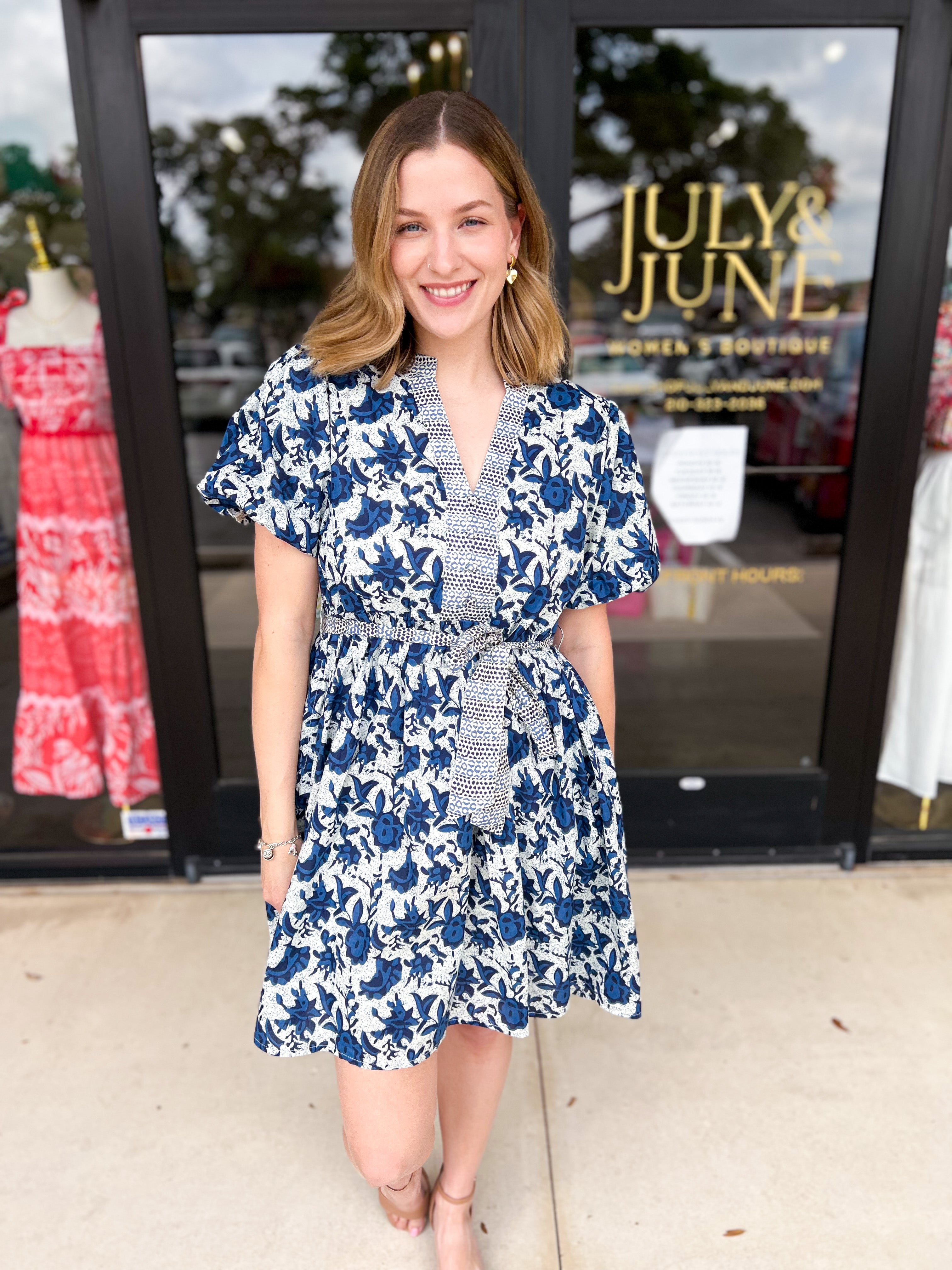 THML - Blue & Ivory Floral Mini Dress-510 Mini-THML-July & June Women's Fashion Boutique Located in San Antonio, Texas