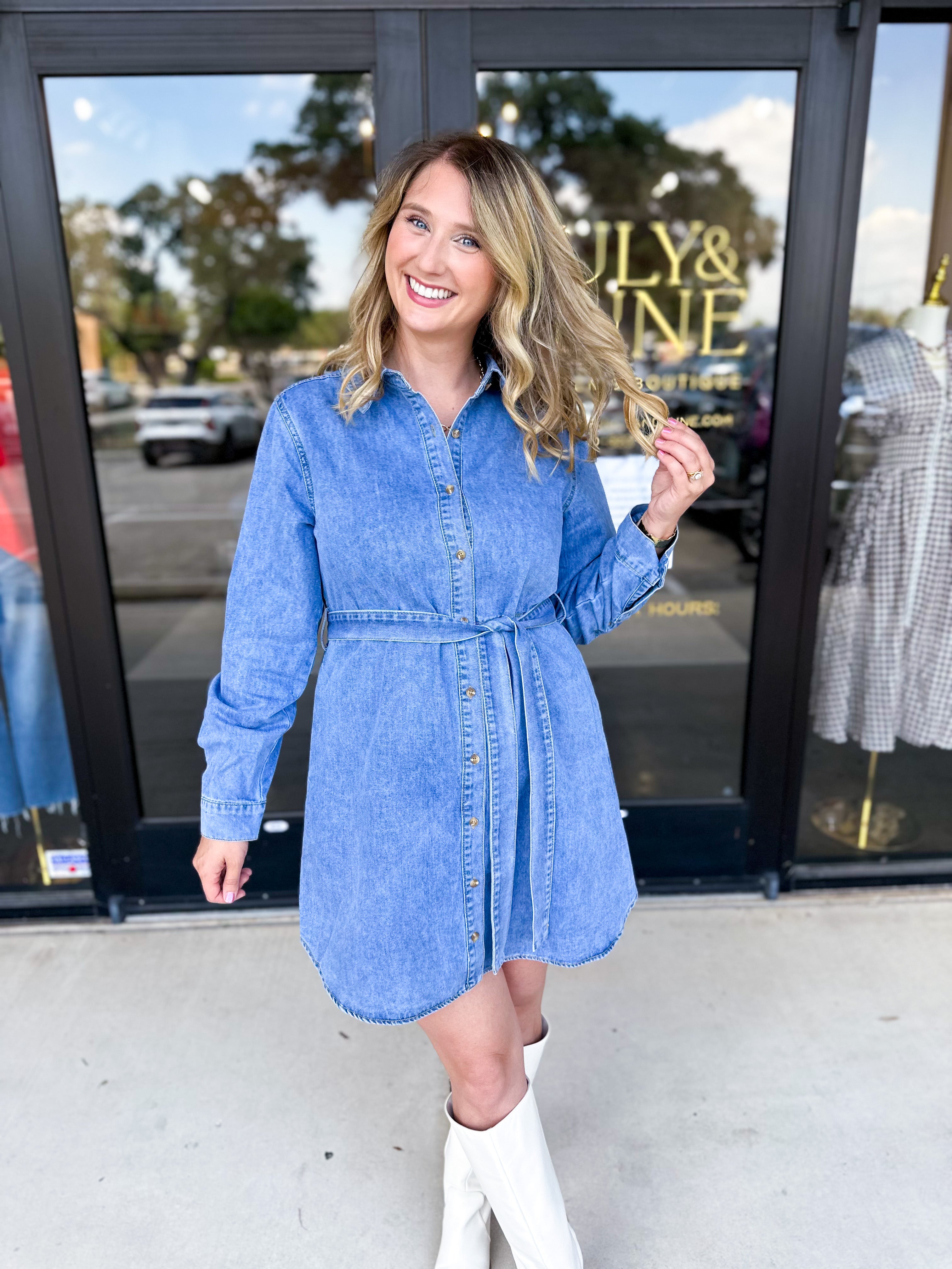 Denim Wrap Mini Dres-510 Mini-SKIES ARE BLUE-July & June Women's Fashion Boutique Located in San Antonio, Texas