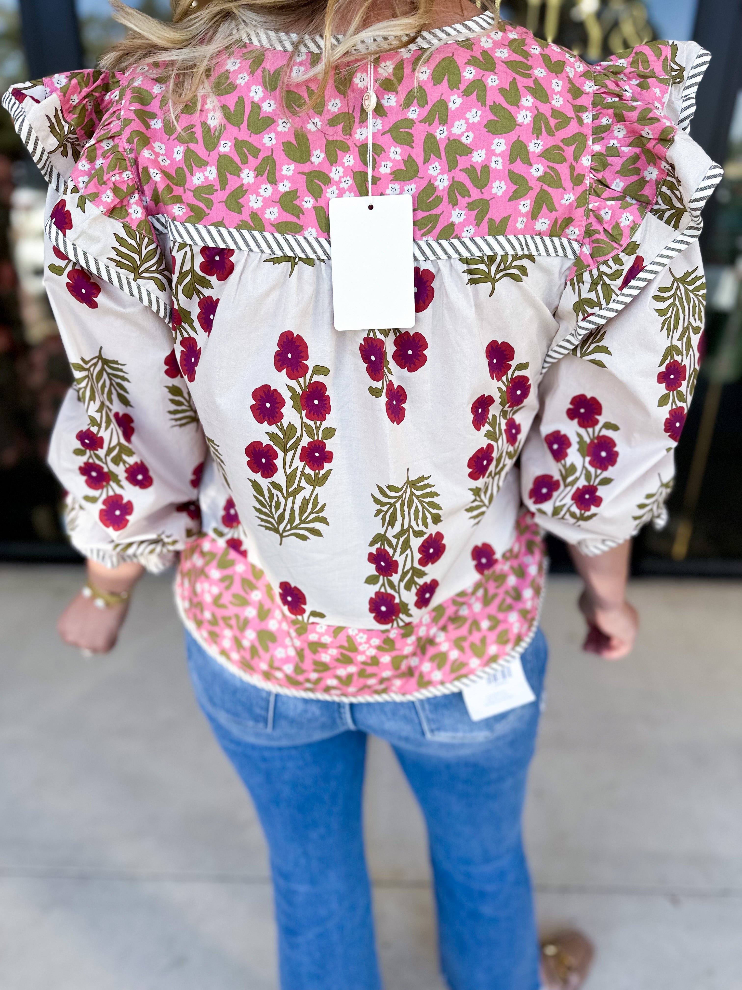 Pink & Burgundy Floral Blouse-200 Fashion Blouses-ENTRO-July & June Women's Fashion Boutique Located in San Antonio, Texas