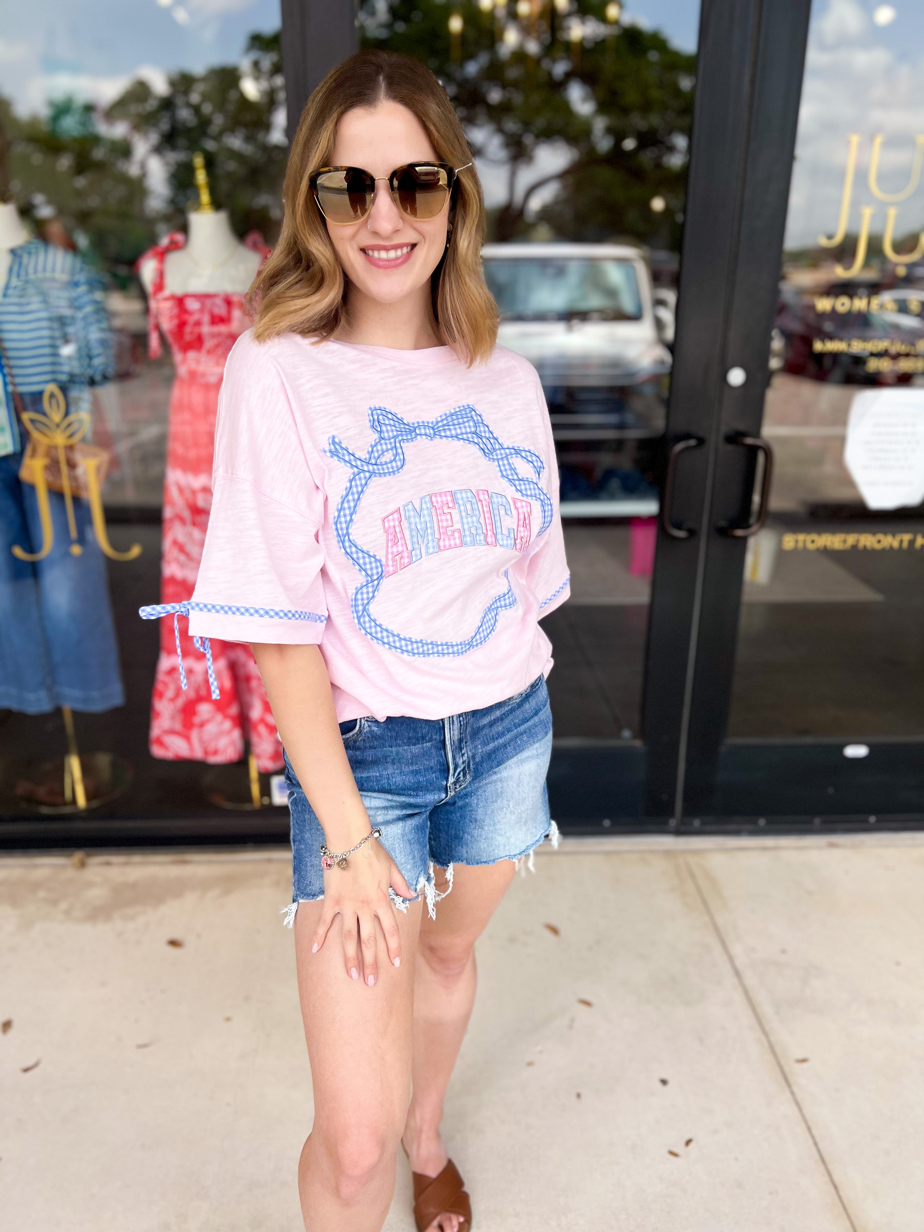 Pink Gingham USA Tee-210 Casual Blouses-PEACH LOVE-July & June Women's Fashion Boutique Located in San Antonio, Texas