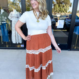 Rust Lace Midi Skirt-410 Shorts/Skirts-LISTICLE-July & June Women's Fashion Boutique Located in San Antonio, Texas