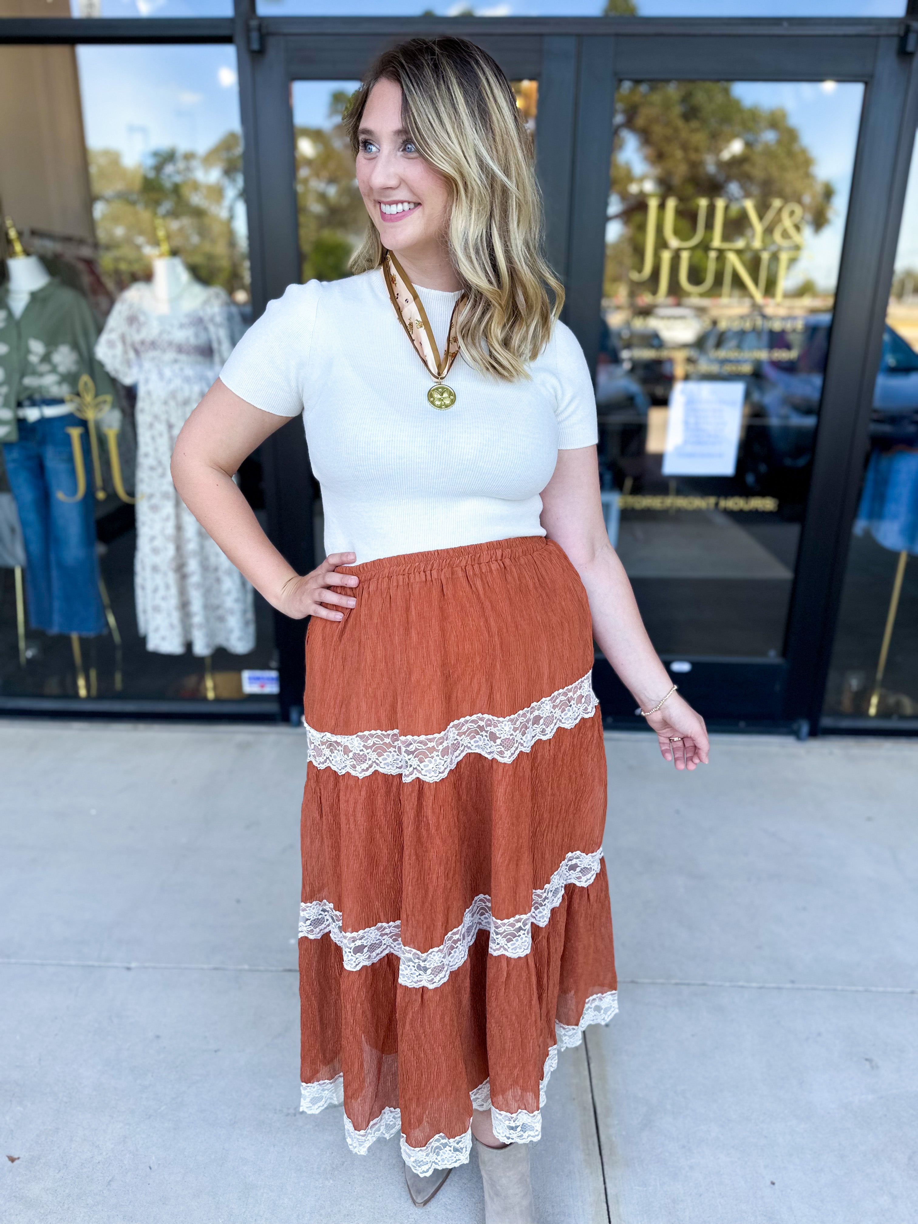 Rust Lace Midi Skirt-410 Shorts/Skirts-LISTICLE-July & June Women's Fashion Boutique Located in San Antonio, Texas