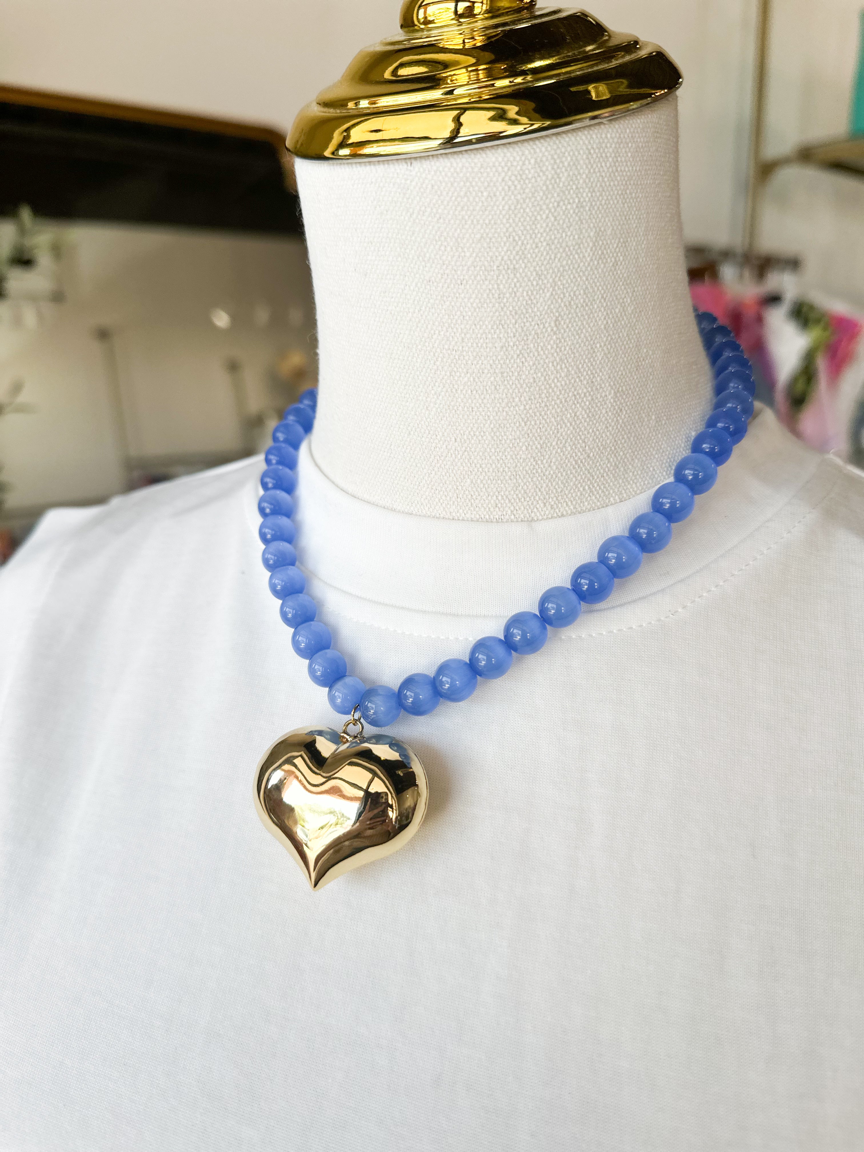 Beaded Necklace - Denim Blue Heart-110 Jewelry & Hair-HART DESIGNS-July & June Women's Fashion Boutique Located in San Antonio, Texas