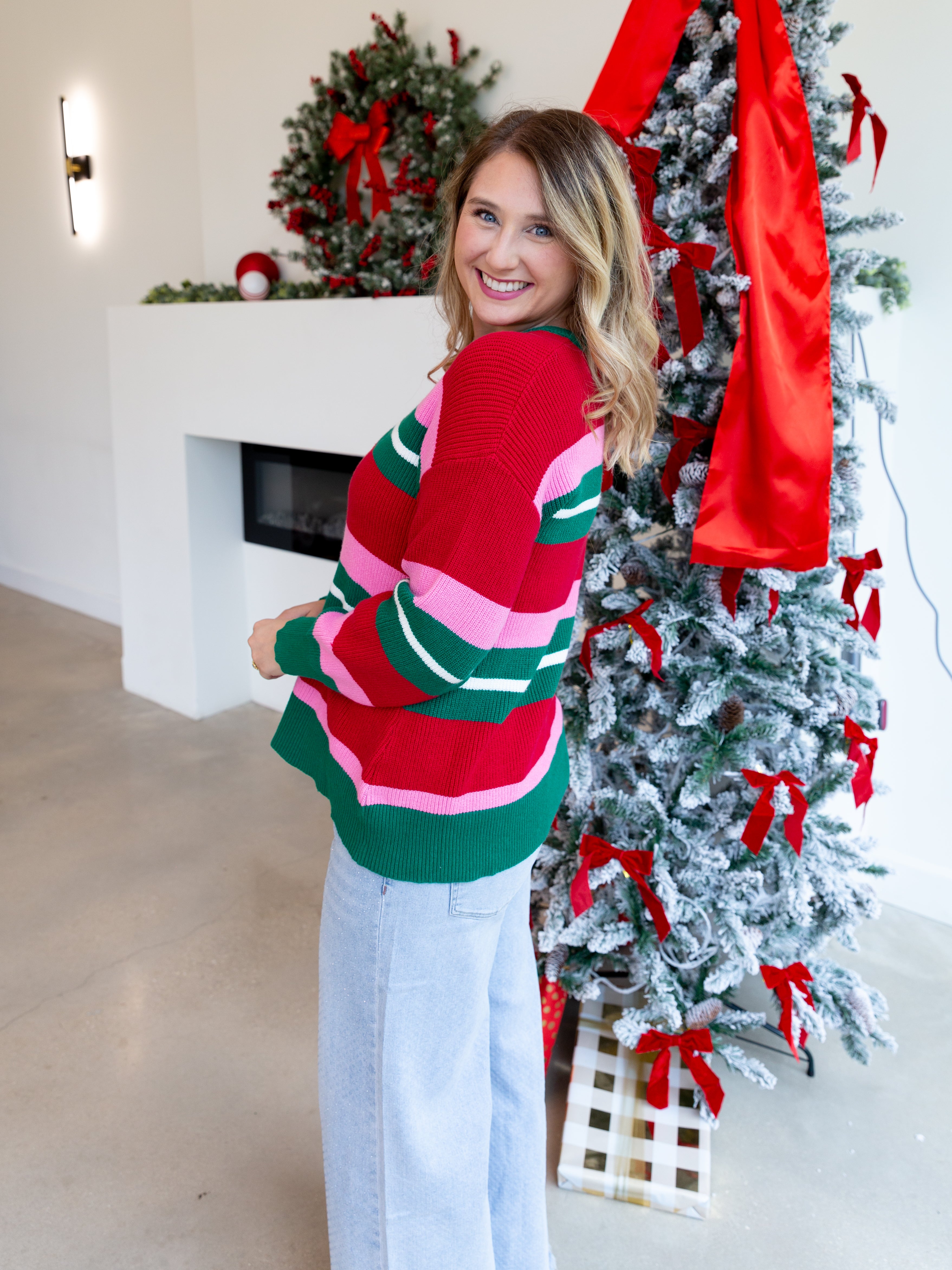 Mary Square - Logan Holiday Stripe Sweater-230 Sweaters/Cardis-MARY SQUARE-July & June Women's Fashion Boutique Located in San Antonio, Texas