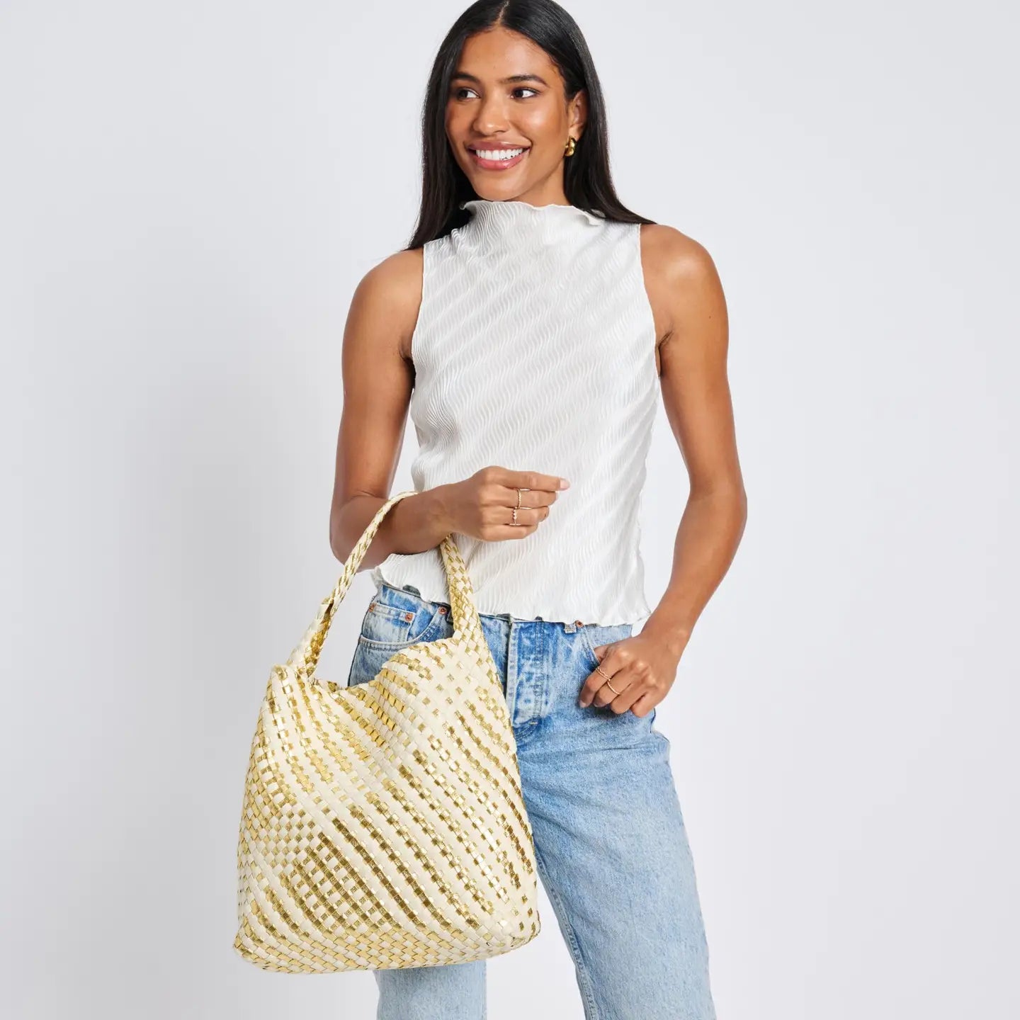Ellery Mixed Woven Hobo Bag - Gold-130 ACCESSORIES-Moda Luxe-July & June Women's Fashion Boutique Located in San Antonio, Texas
