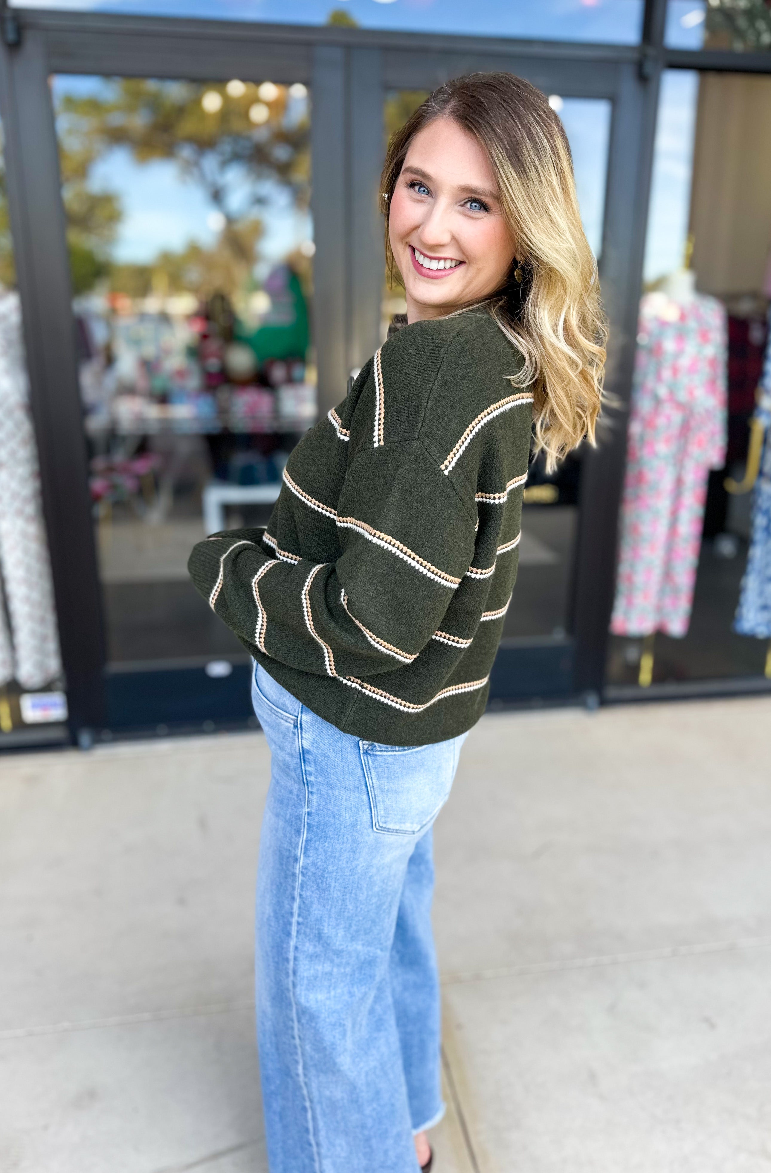 Olive & Camel Sweater-230 Sweaters/Cardis-SKIES ARE BLUE-July & June Women's Fashion Boutique Located in San Antonio, Texas