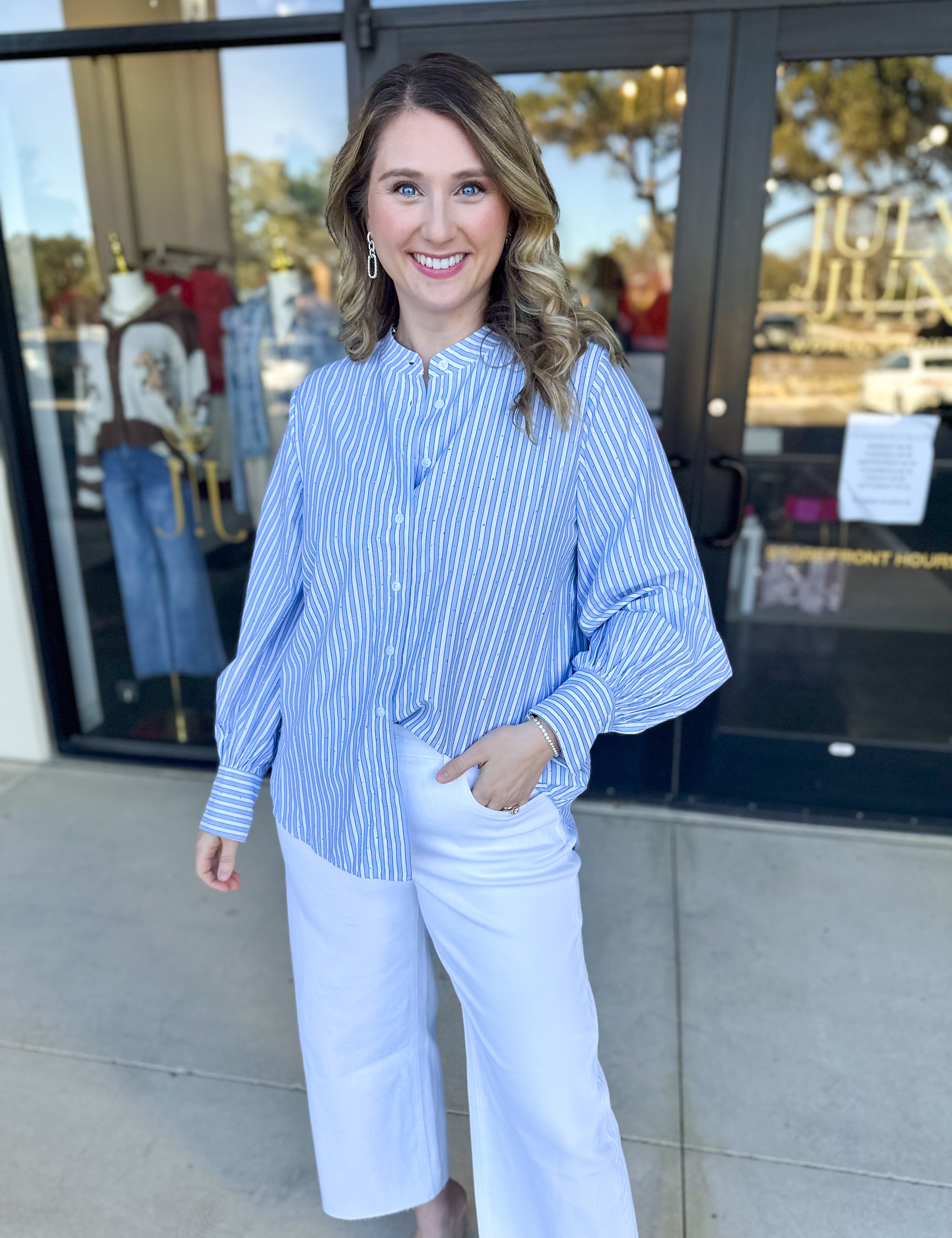Current Air - Rhinestone Button Down Blouse - Light Blue-200 Fashion Blouses-CURRENT AIR CLOTHING-July & June Women's Fashion Boutique Located in San Antonio, Texas