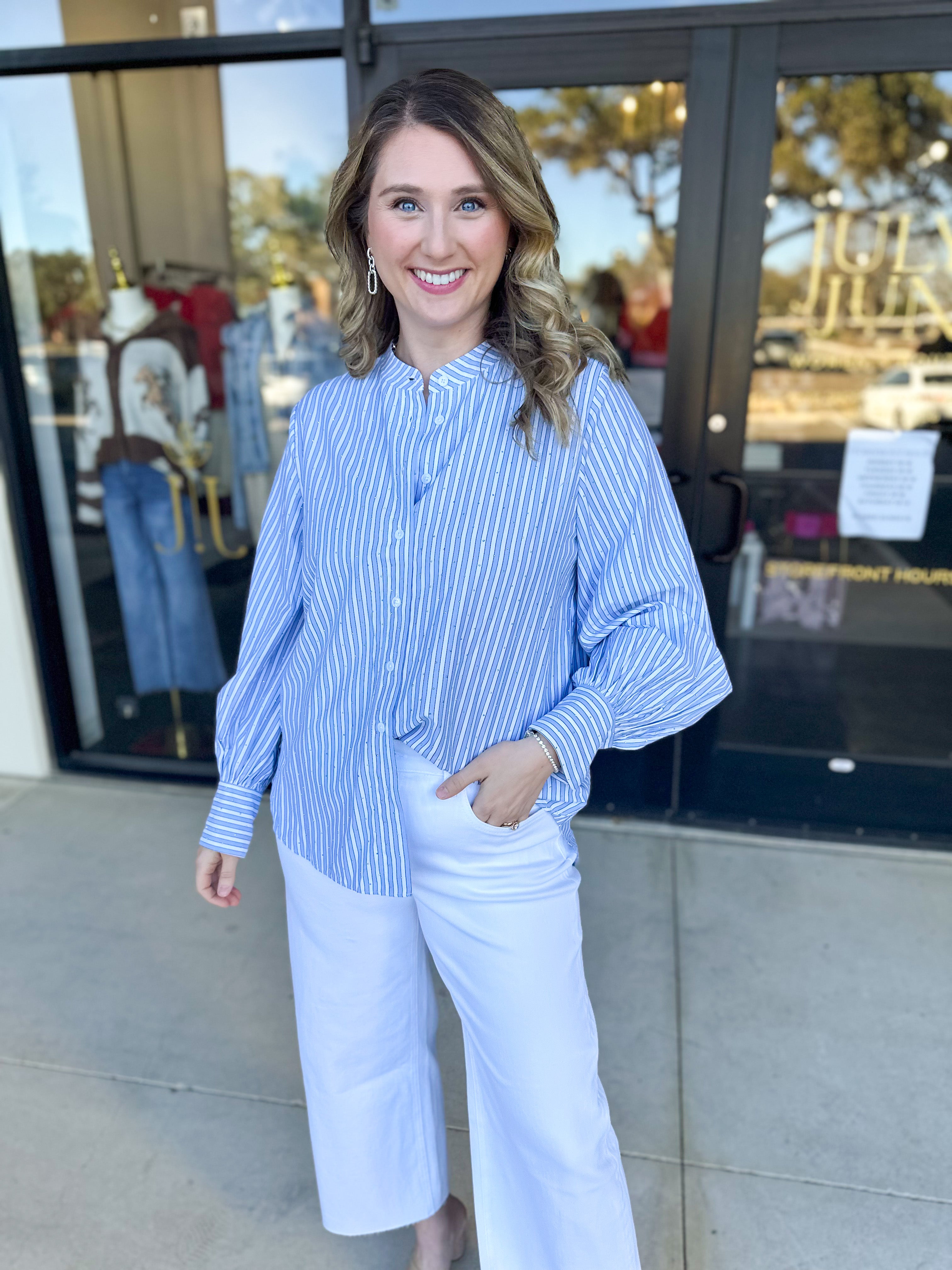Current Air - Rhinestone Button Down Blouse - Light Blue-200 Fashion Blouses-CURRENT AIR CLOTHING-July & June Women's Fashion Boutique Located in San Antonio, Texas
