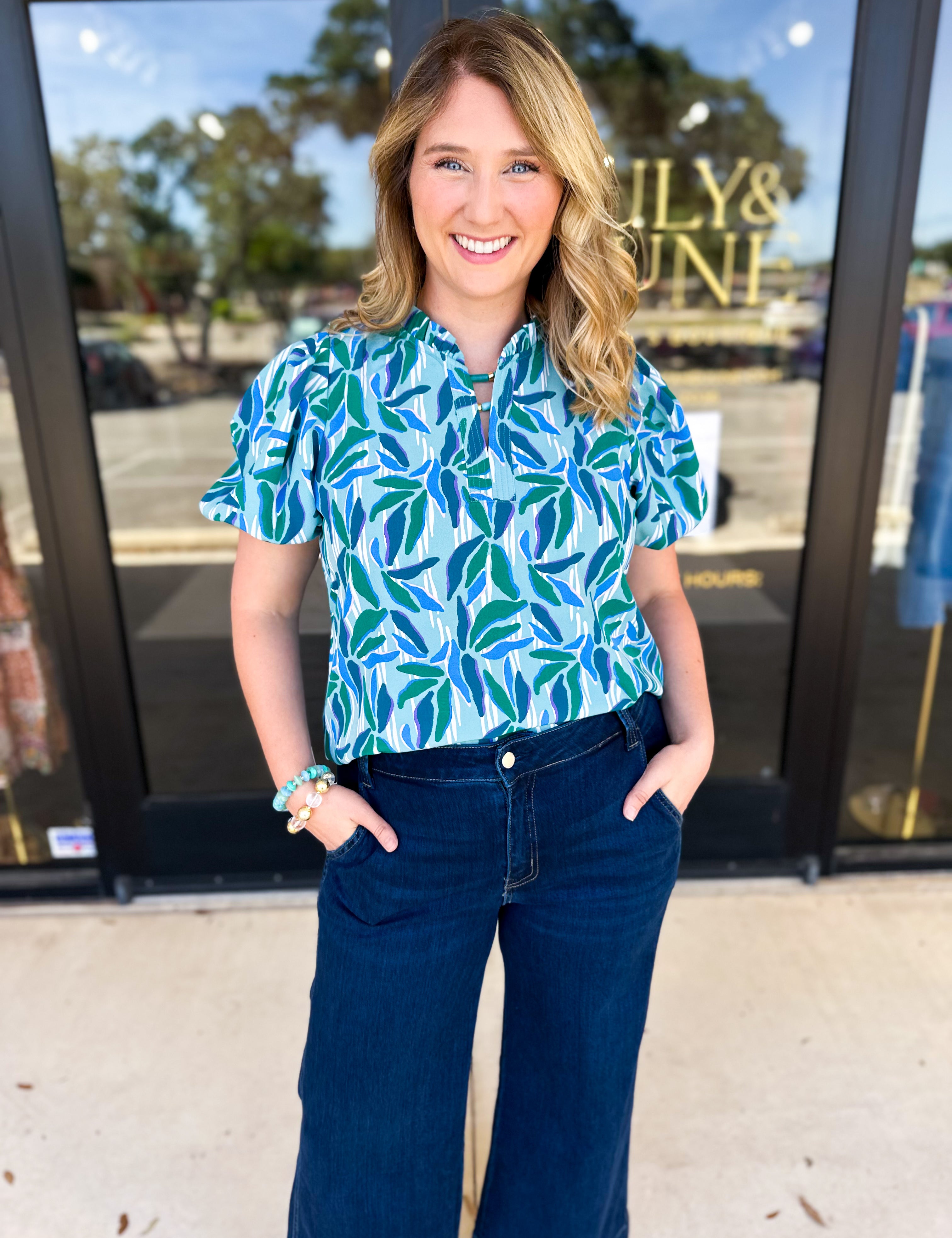 Mary Square - Lainey Reflecting Green Blouse-200 Fashion Blouses-MARY SQUARE-July & June Women's Fashion Boutique Located in San Antonio, Texas