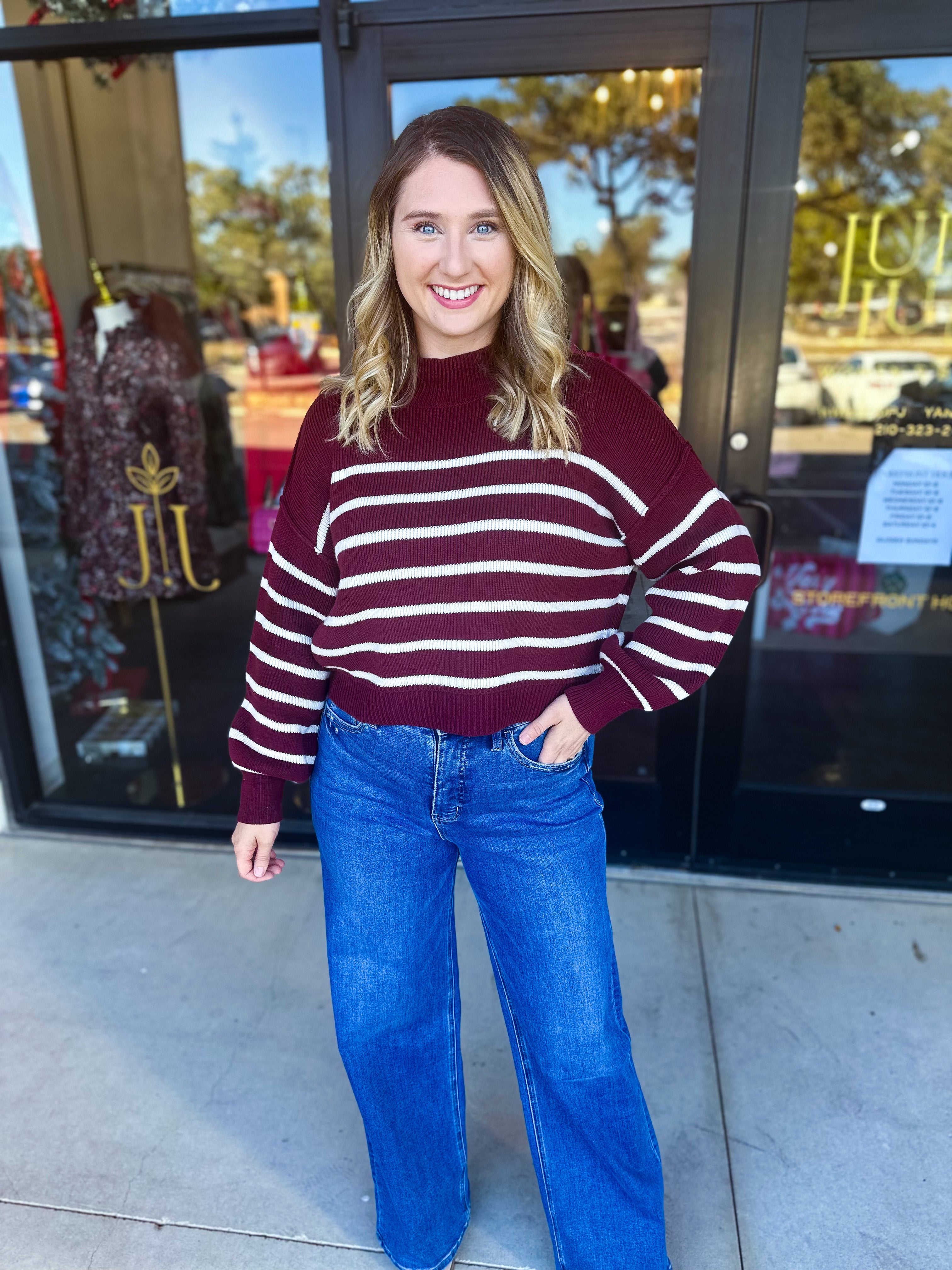 Pink Friday Doorbuster - Mock Neck Sweater Top - Burgundy - IN STORE-PINK FRIDAY DOORBUSTERS-BLU PEPPER-July & June Women's Fashion Boutique Located in San Antonio, Texas
