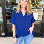 The Everyday Collard Blouse - Navy-200 Fashion Blouses-JODIFL-July & June Women's Fashion Boutique Located in San Antonio, Texas