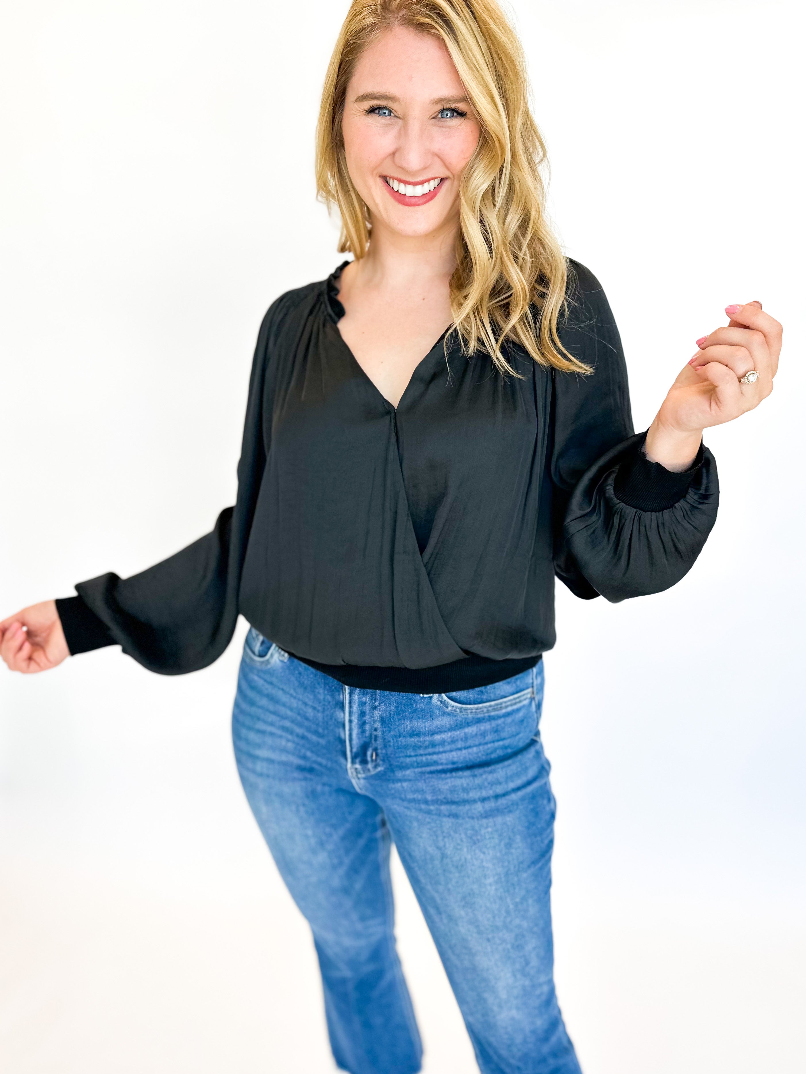 Classic Satin Blouse - Black-200 Fashion Blouses-CURRENT AIR CLOTHING-July & June Women's Fashion Boutique Located in San Antonio, Texas