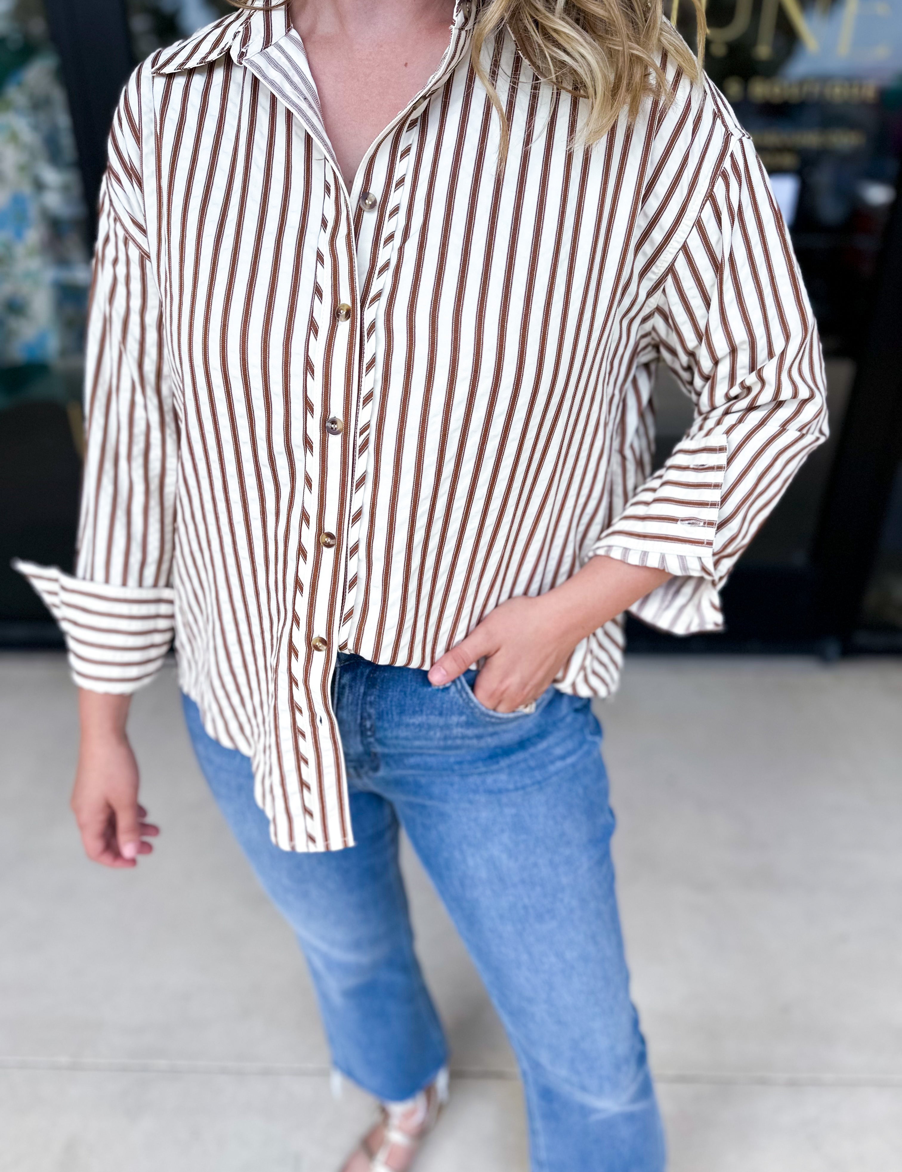 Casual Cute Button Down Blouse - Brown-200 Fashion Blouses-ENTRO-July & June Women's Fashion Boutique Located in San Antonio, Texas