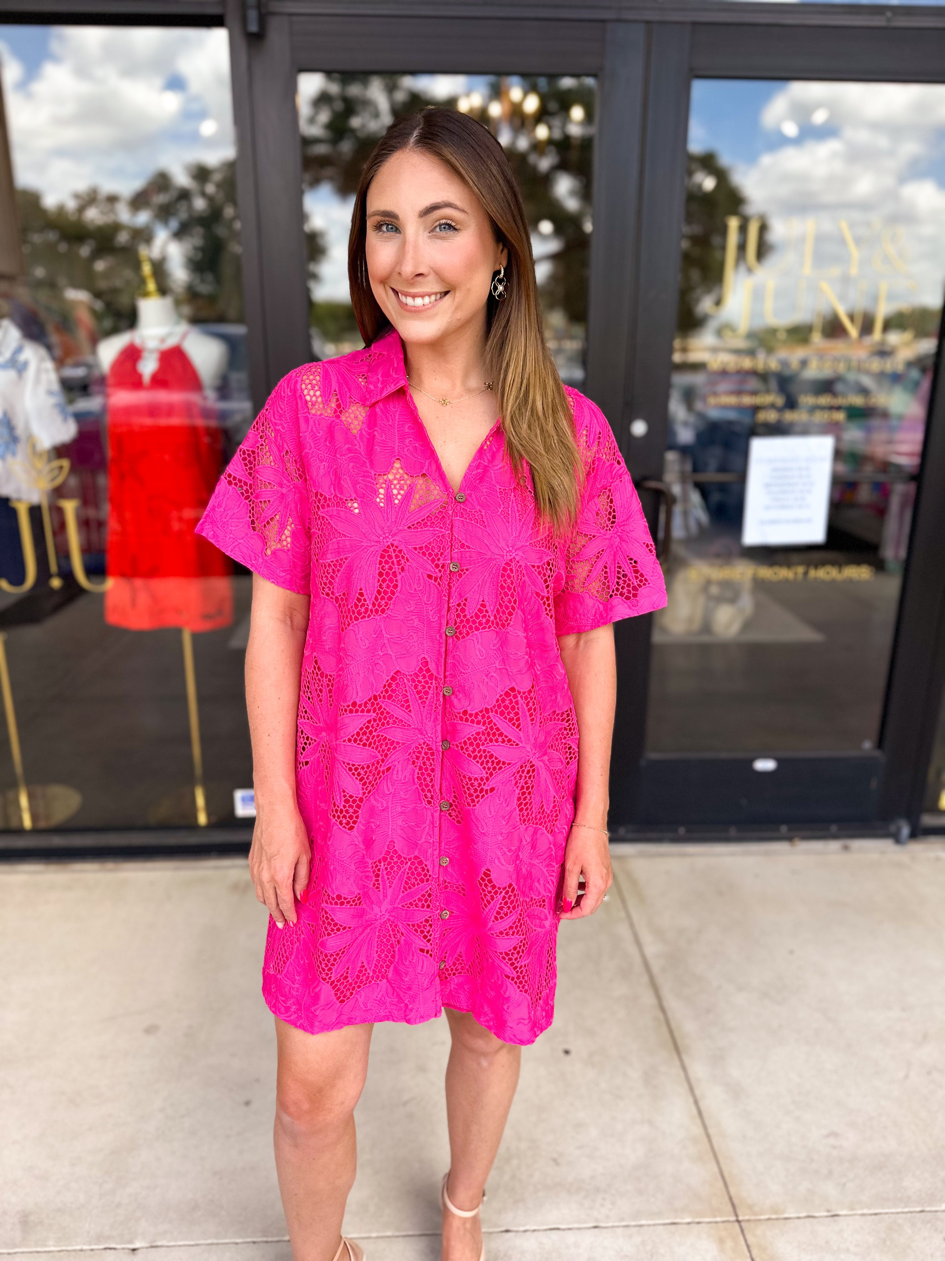 Hot Pink Lace Mini Dress-510 Mini-FATE-July & June Women's Fashion Boutique Located in San Antonio, Texas