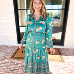 Current Air - Green Floral Satin Midi Dress-500 Midi-CURRENT AIR CLOTHING-July & June Women's Fashion Boutique Located in San Antonio, Texas