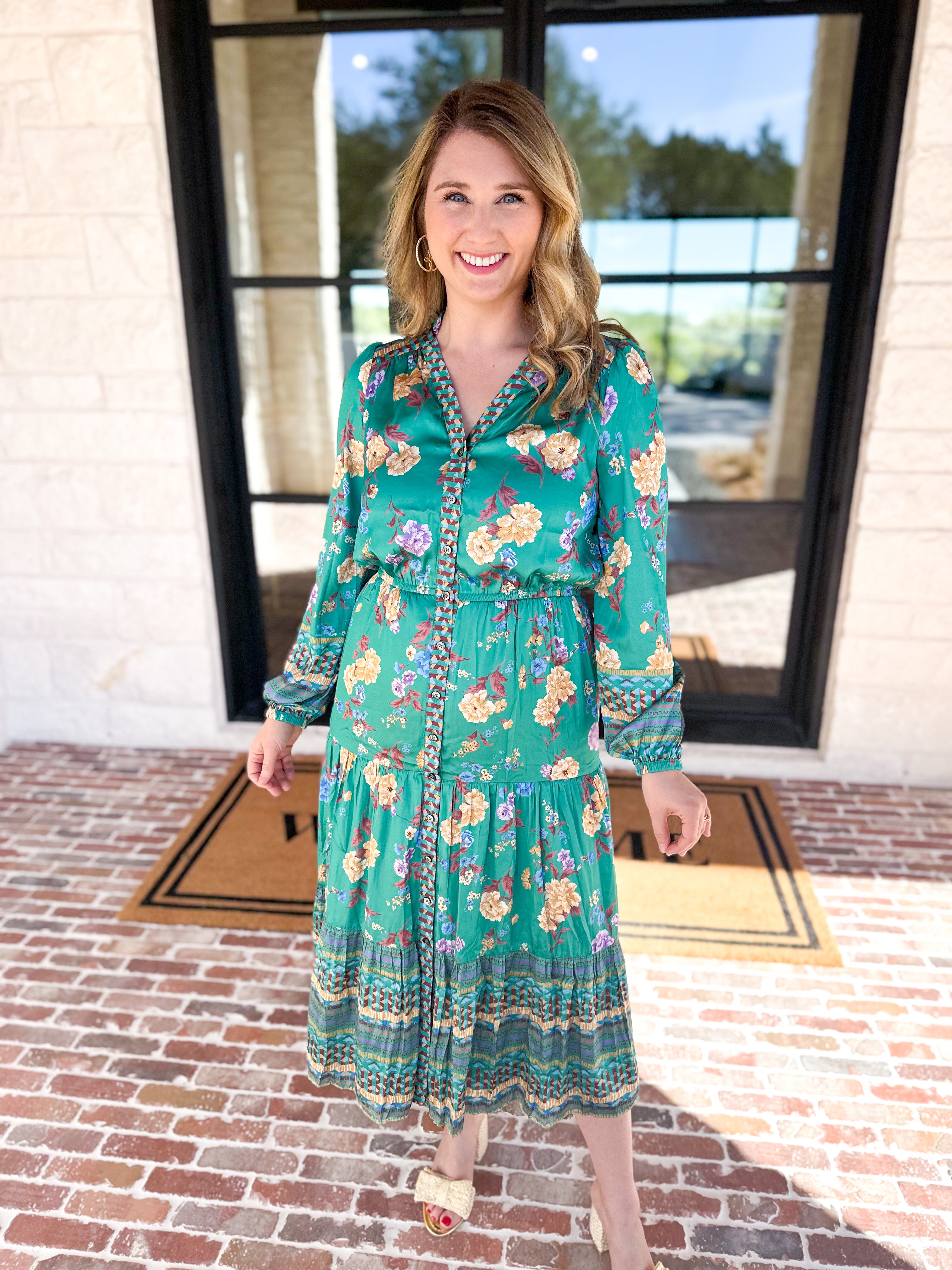Current Air - Green Floral Satin Midi Dress-500 Midi-CURRENT AIR CLOTHING-July & June Women's Fashion Boutique Located in San Antonio, Texas