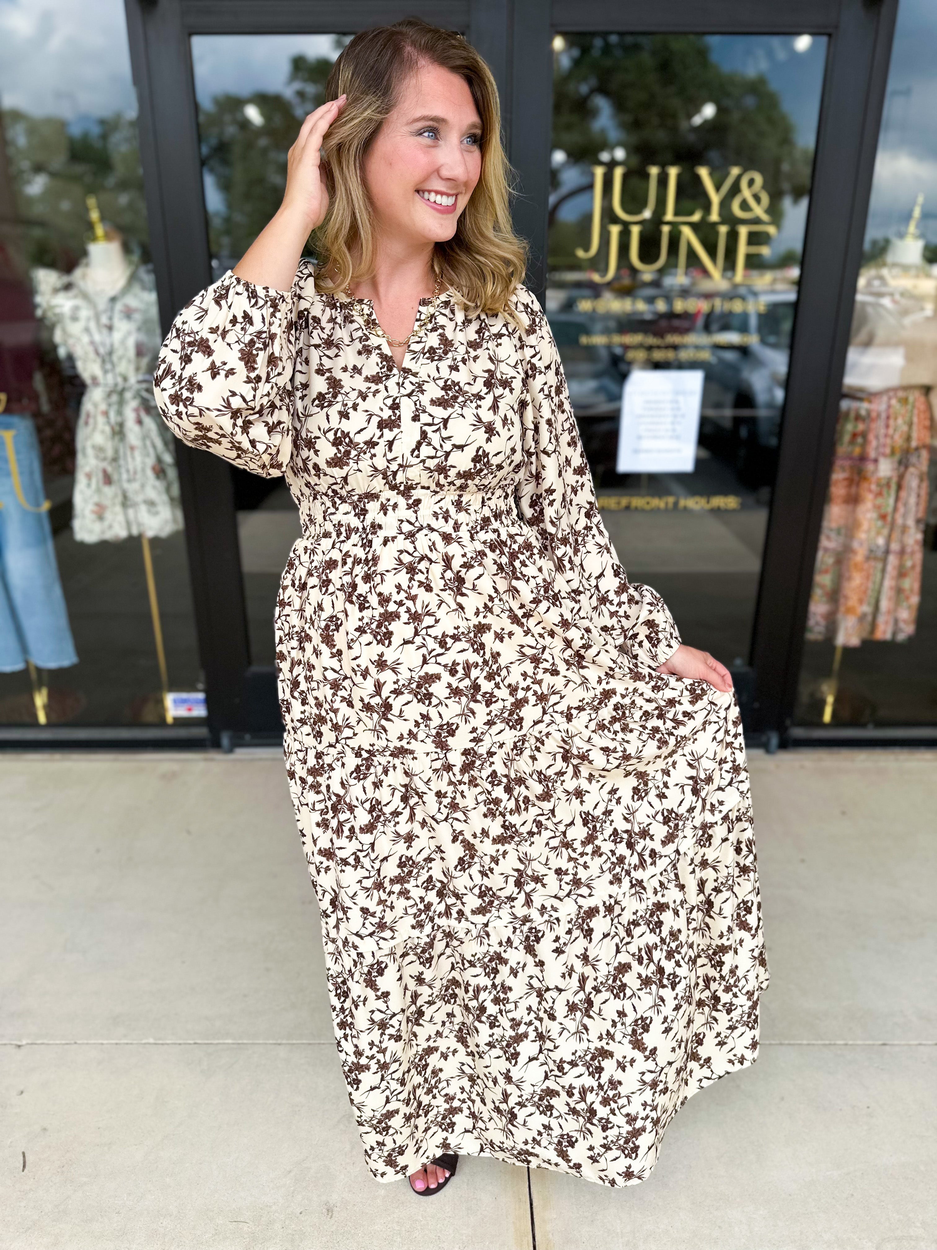 Fall Days Floral Midi Dress-500 Midi-POLOGRAM-July & June Women's Fashion Boutique Located in San Antonio, Texas