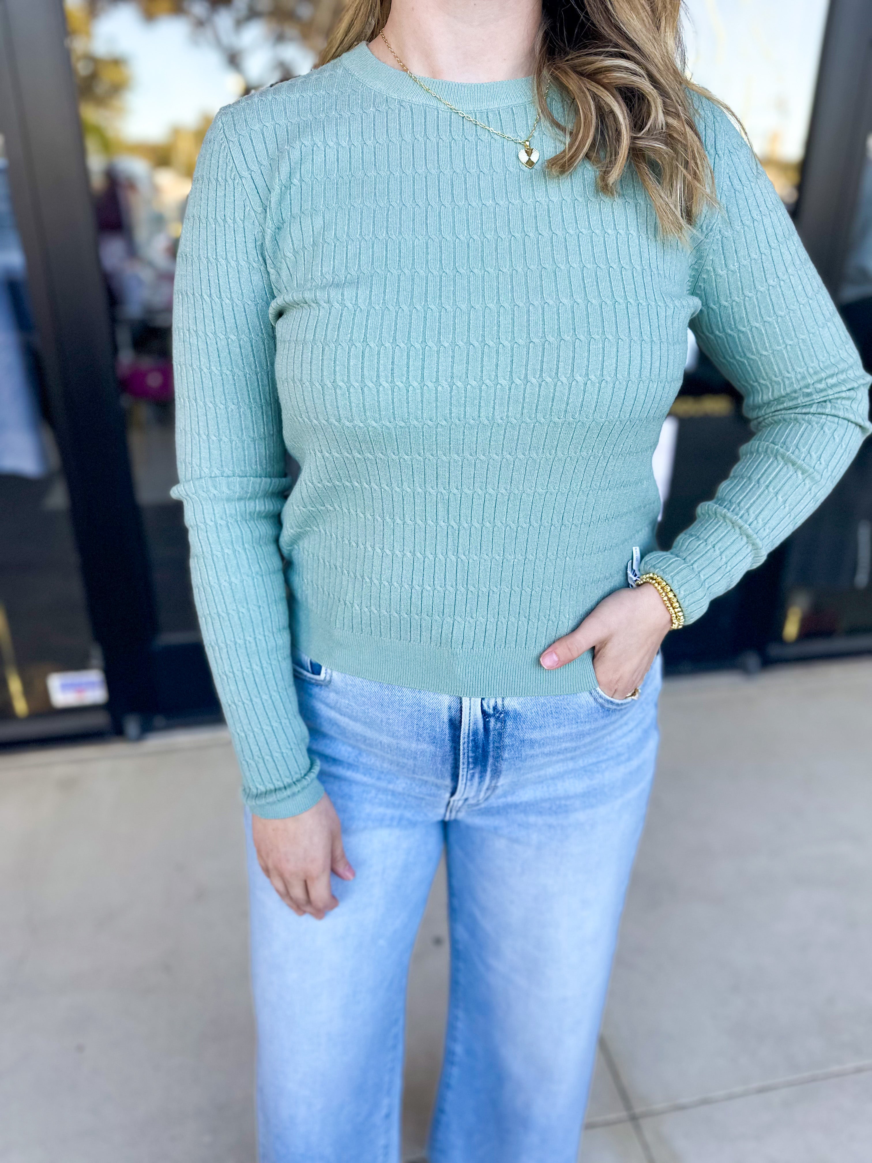 Tailored Cable Knit Sweater Top - Sage-230 Sweaters/Cardis-ALLIE ROSE-July & June Women's Fashion Boutique Located in San Antonio, Texas