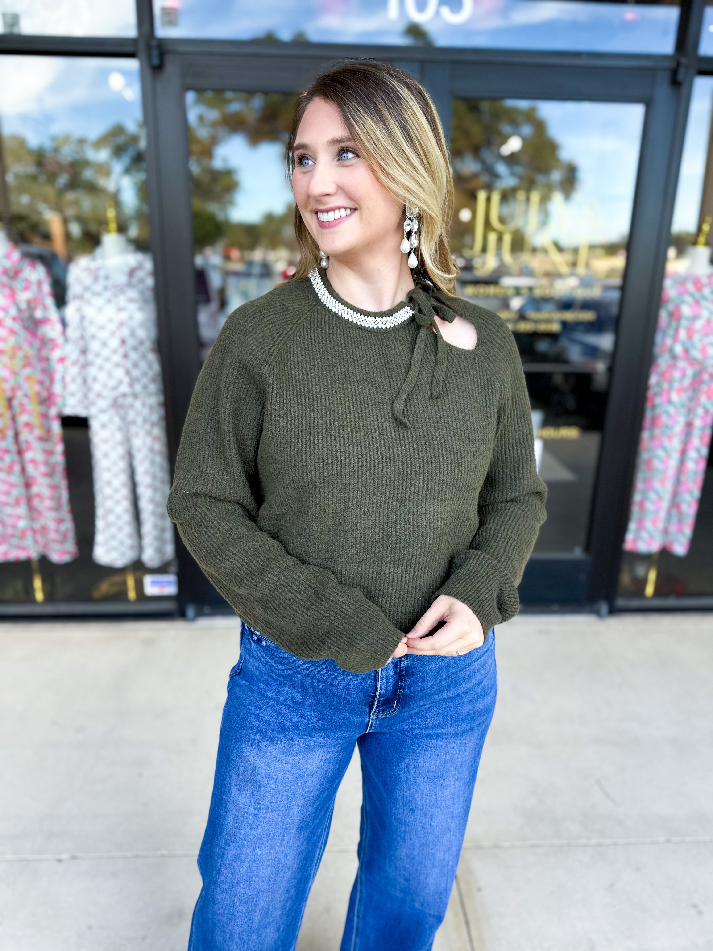 THML - The Chloe Rhinestone Detail Sweater-230 Sweaters/Cardis-THML-July & June Women's Fashion Boutique Located in San Antonio, Texas