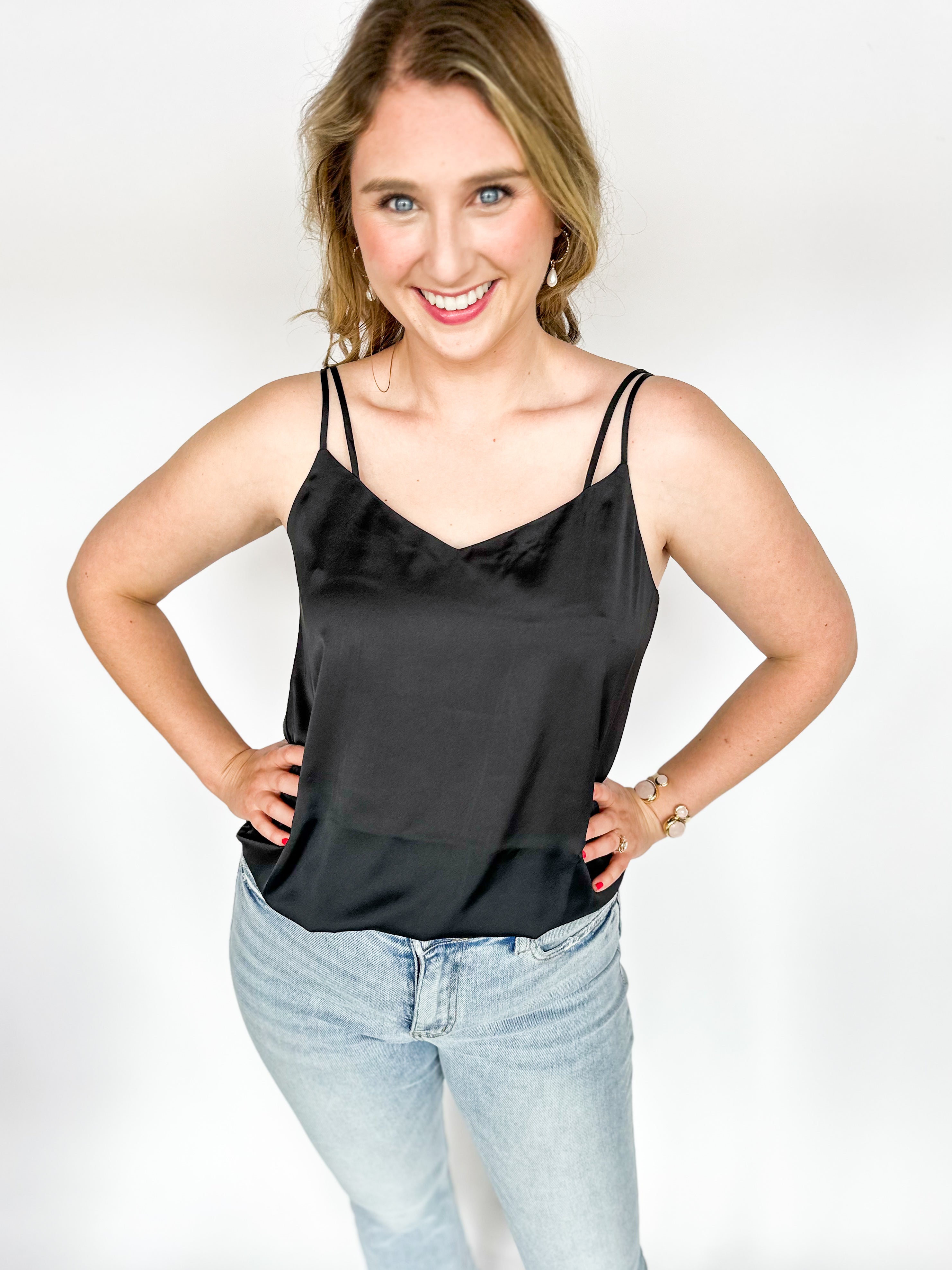 Satin Cami - Black-200 Fashion Blouses-SKIES ARE BLUE-July & June Women's Fashion Boutique Located in San Antonio, Texas