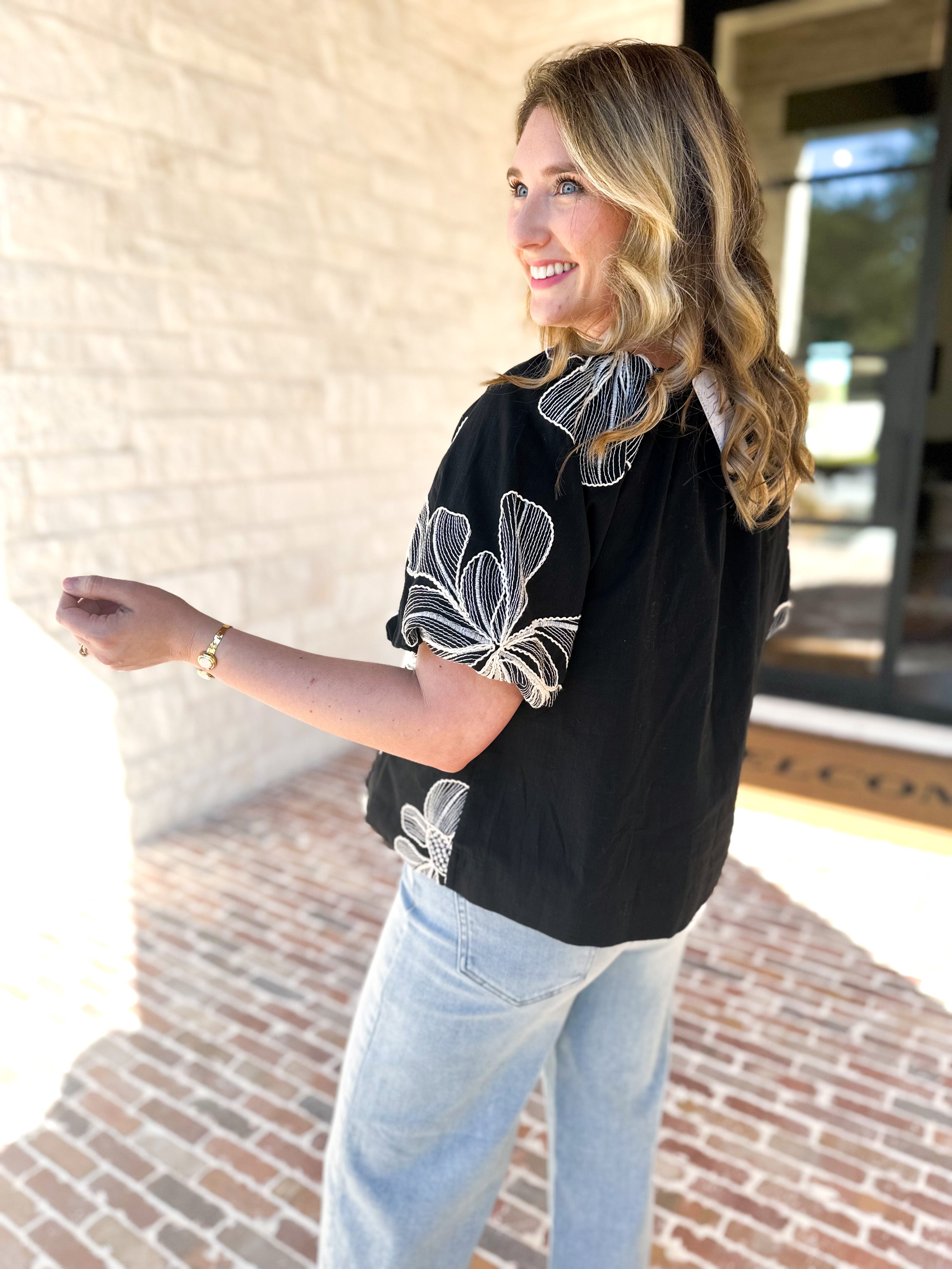 THML - Black & White Flower Power Blouse-200 Fashion Blouses-THML-July & June Women's Fashion Boutique Located in San Antonio, Texas