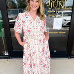 Cream & Pink Floral Midi Dress-500 Midi-POLOGRAM-July & June Women's Fashion Boutique Located in San Antonio, Texas