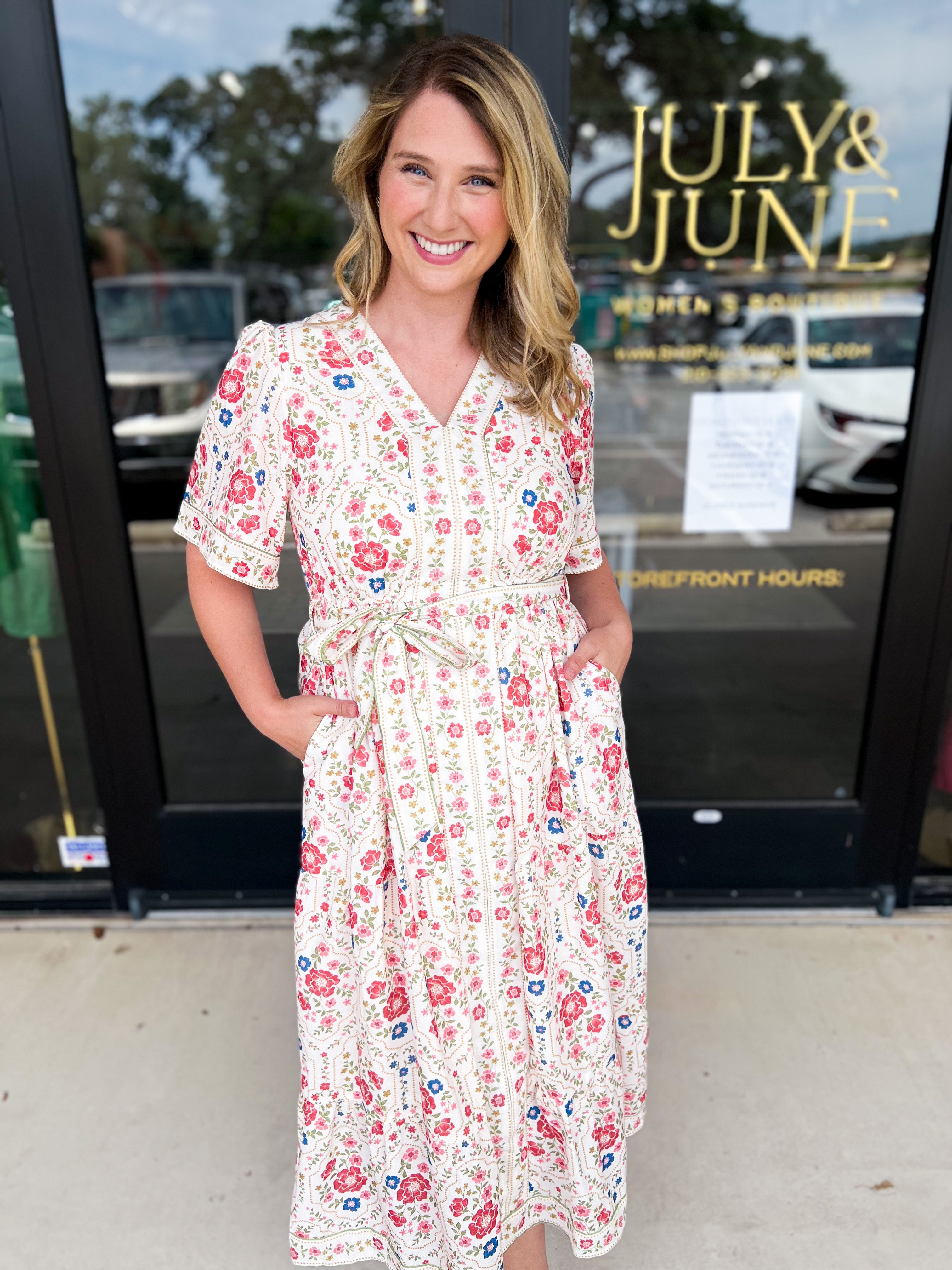 Cream & Pink Floral Midi Dress-500 Midi-POLOGRAM-July & June Women's Fashion Boutique Located in San Antonio, Texas
