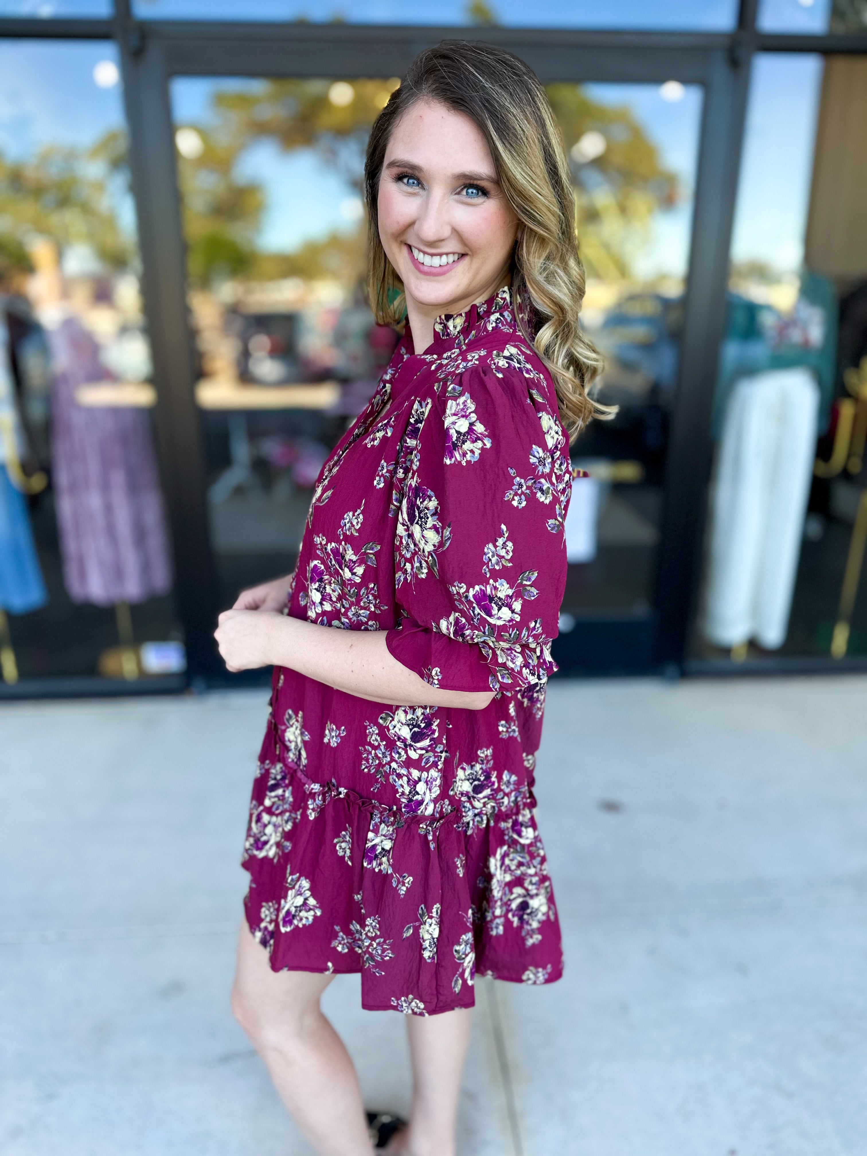 Red Plum Floral Mini Dress-510 Mini-FATE-July & June Women's Fashion Boutique Located in San Antonio, Texas