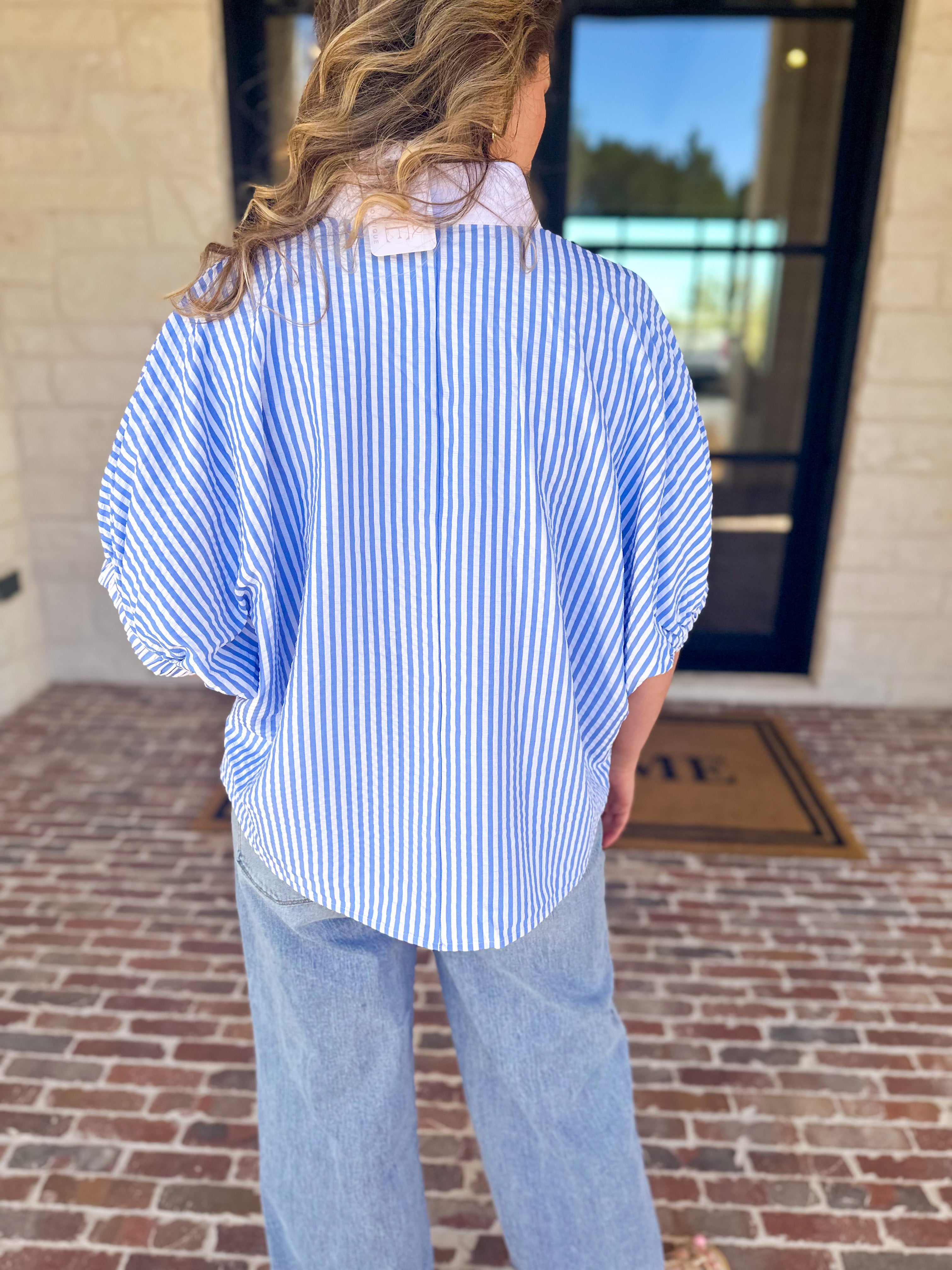 Seersucker Sweet Blouse - Light Blue-200 Fashion Blouses-ENTRO-July & June Women's Fashion Boutique Located in San Antonio, Texas
