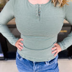 Henley Long Sleeve Basic Top - Olive-210 Casual Blouses-POLOGRAM-July & June Women's Fashion Boutique Located in San Antonio, Texas