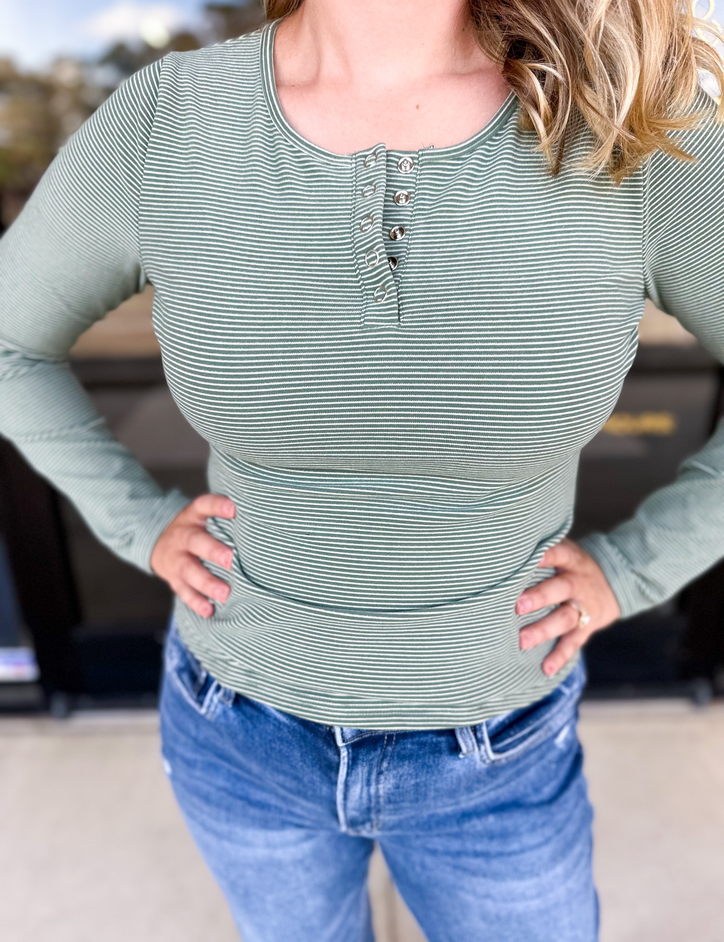 Henley Long Sleeve Basic Top - Olive-210 Casual Blouses-POLOGRAM-July & June Women's Fashion Boutique Located in San Antonio, Texas