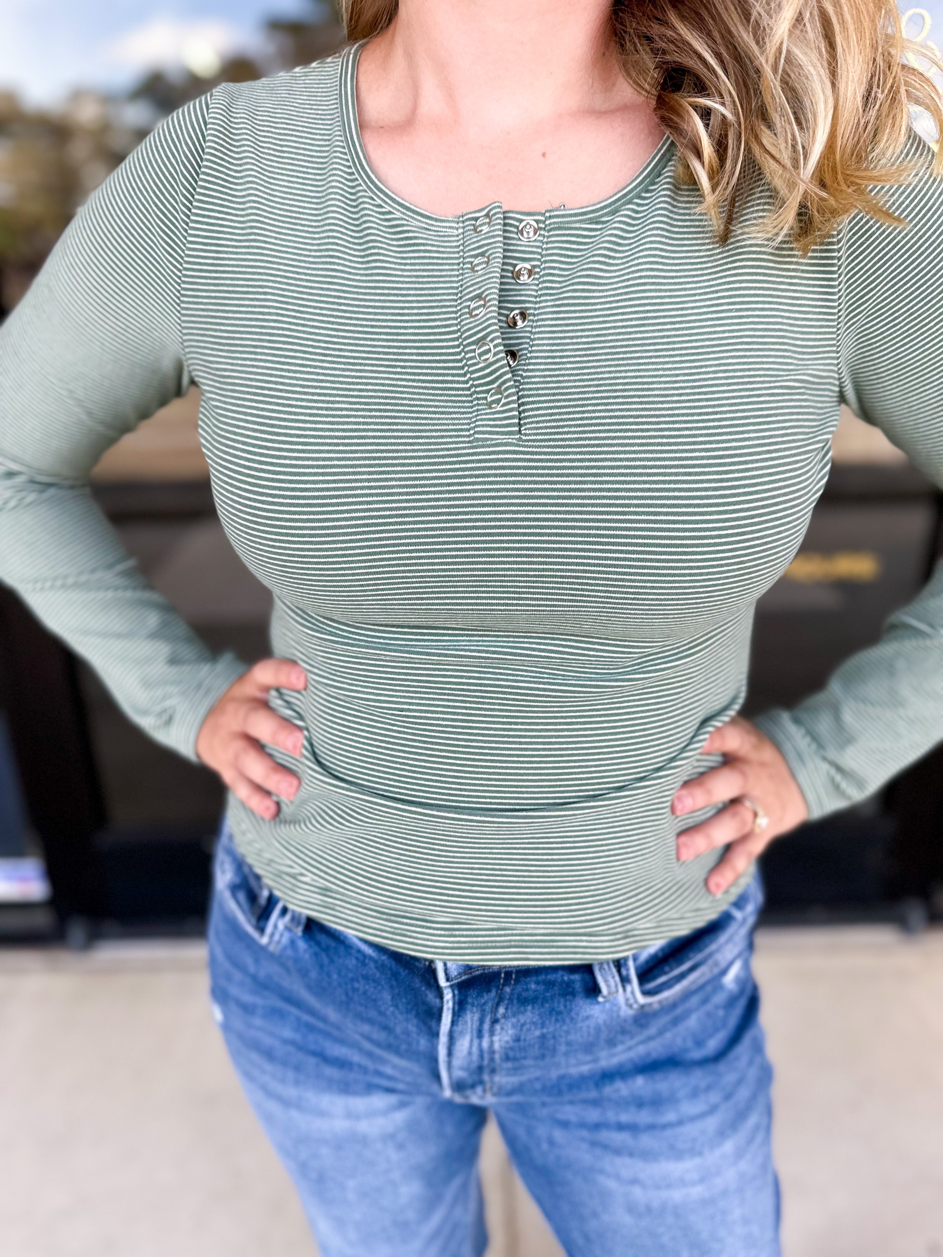 Henley Long Sleeve Basic Top - Olive-210 Casual Blouses-POLOGRAM-July & June Women's Fashion Boutique Located in San Antonio, Texas