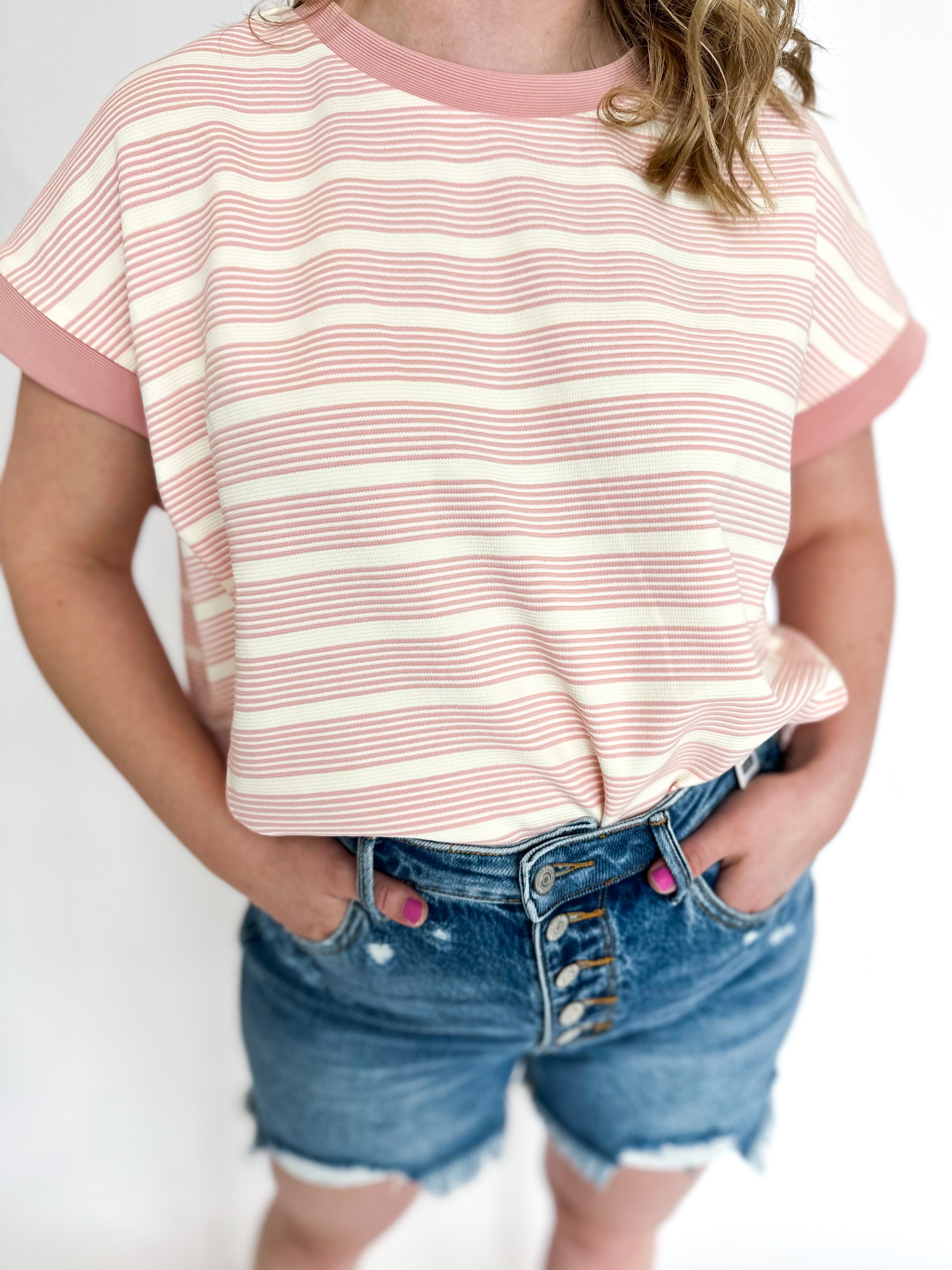 Breezy Striped Tee - Pink-210 Casual Blouses-ENTRO-July & June Women's Fashion Boutique Located in San Antonio, Texas