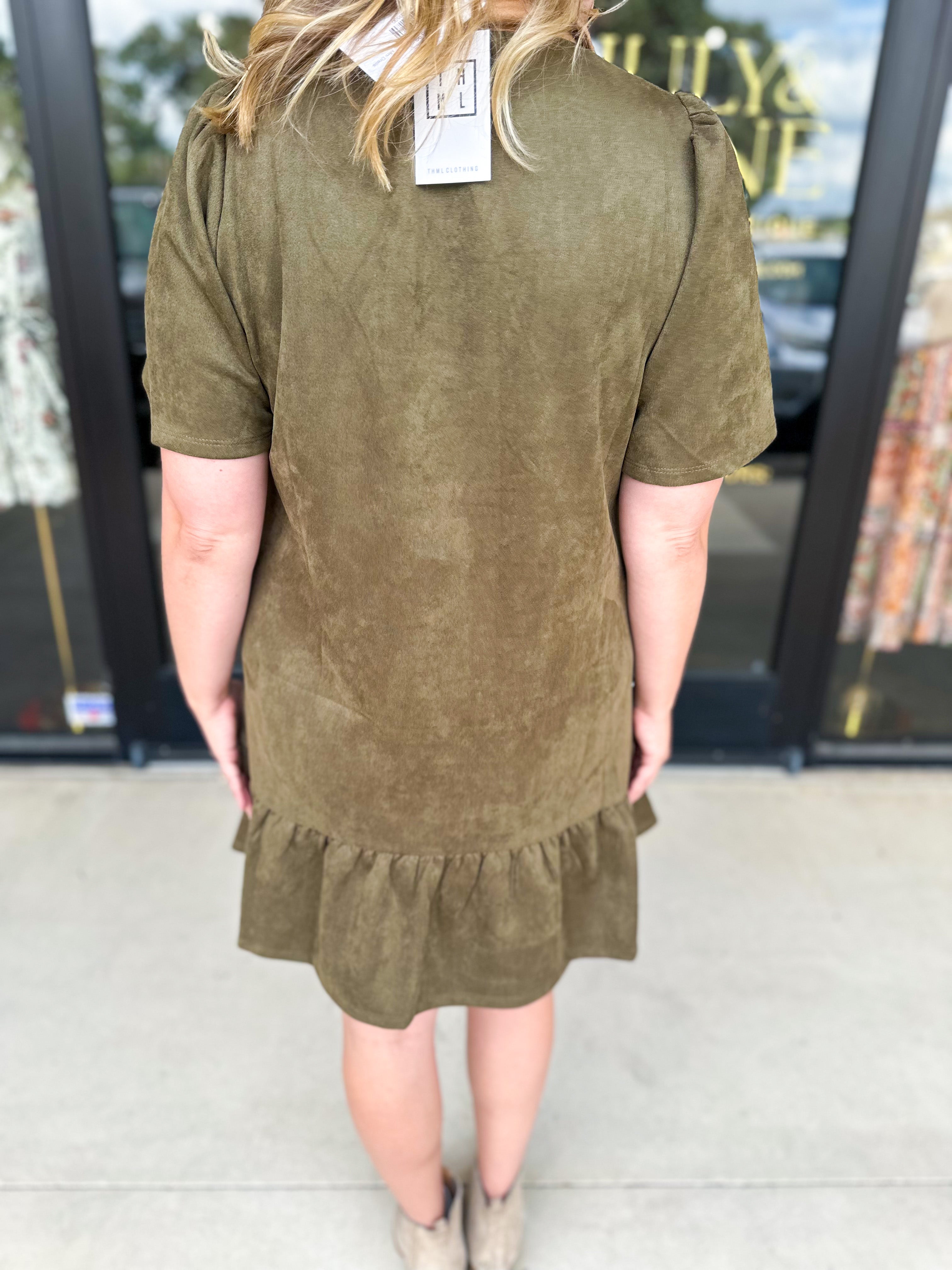THML - Olive & Tan Suede Mini Dress-510 Mini-THML-July & June Women's Fashion Boutique Located in San Antonio, Texas