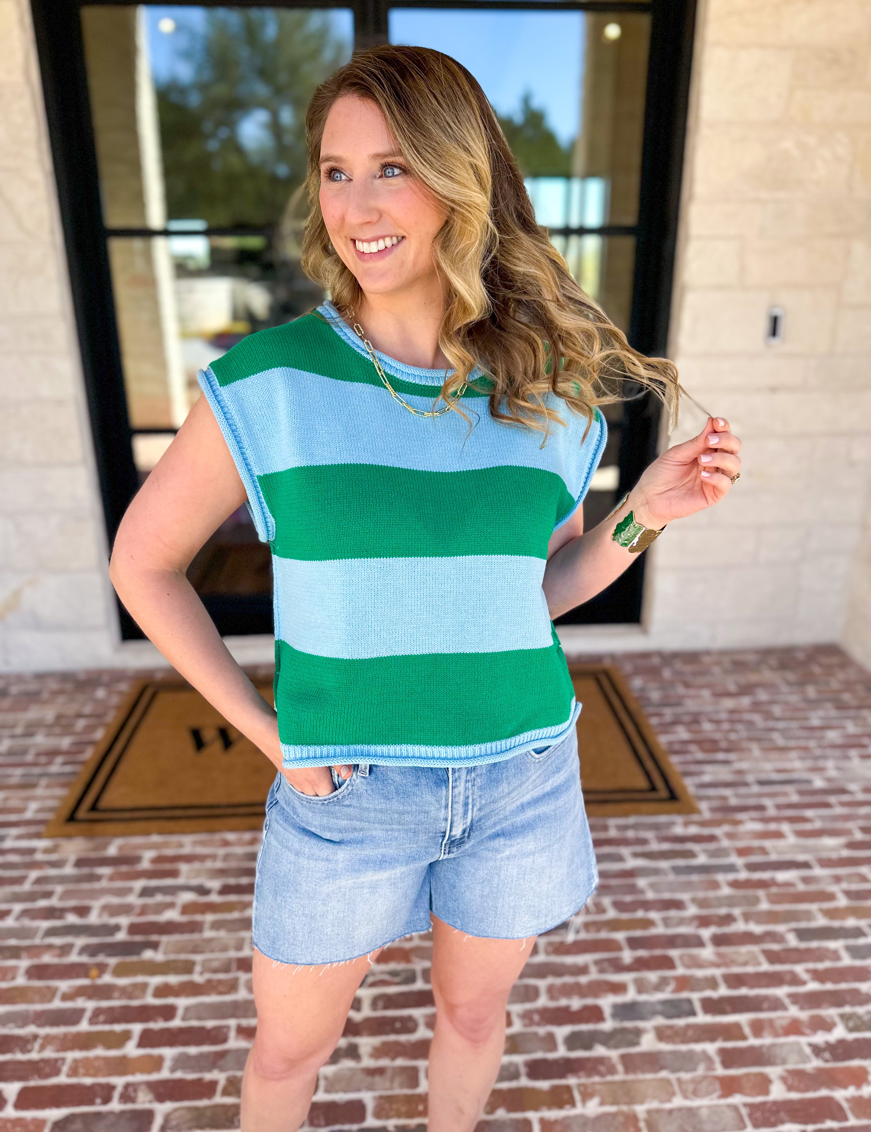 Fun Stripe Short Sleeve Sweater Top-230 Sweaters/Cardis-ENTRO-July & June Women's Fashion Boutique Located in San Antonio, Texas