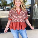 The Fall Peplum Top - Rust-200 Fashion Blouses-ENTRO-July & June Women's Fashion Boutique Located in San Antonio, Texas