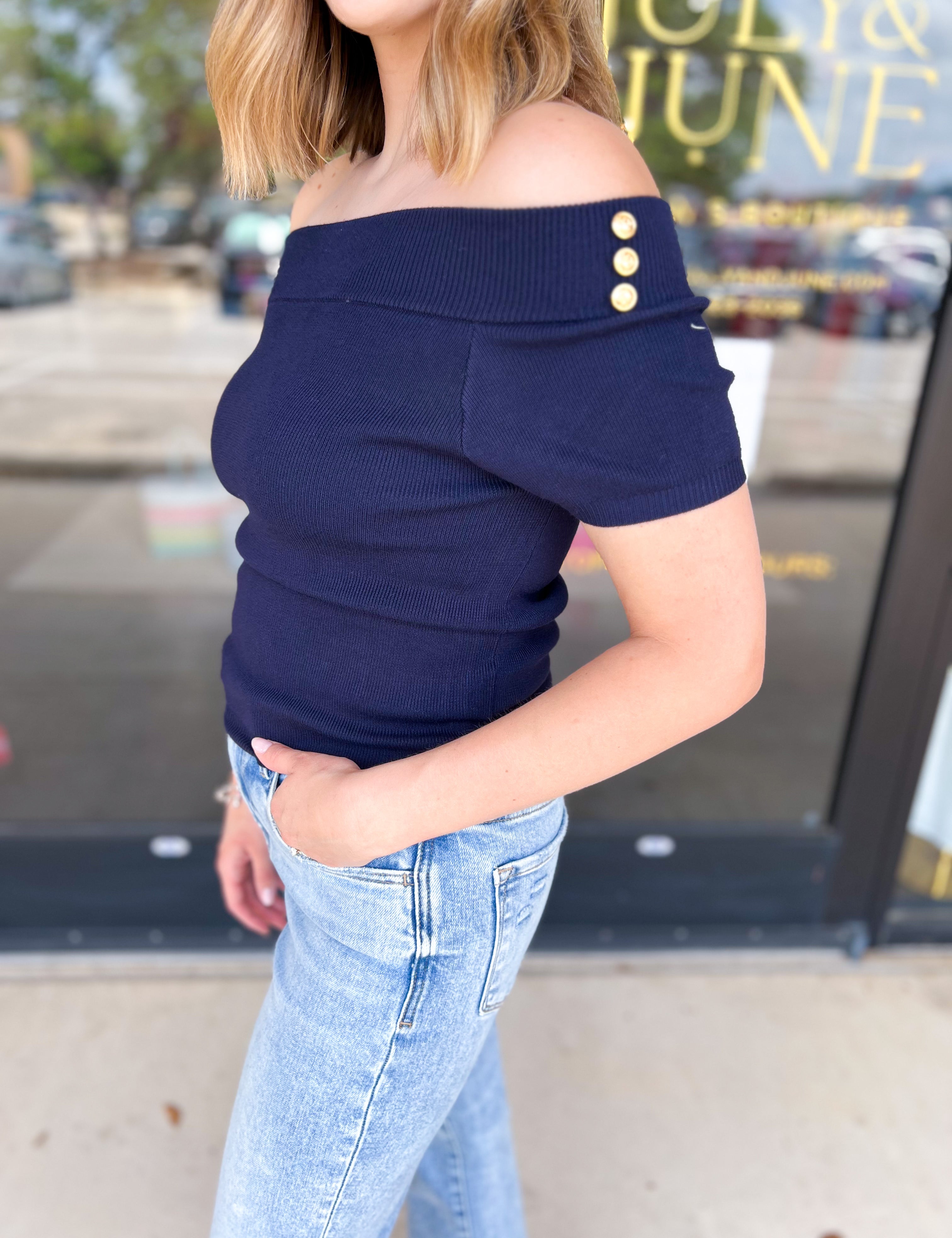 Navy Knit Off The Shoulder Top-200 Fashion Blouses-FLYING TOMATO-July & June Women's Fashion Boutique Located in San Antonio, Texas