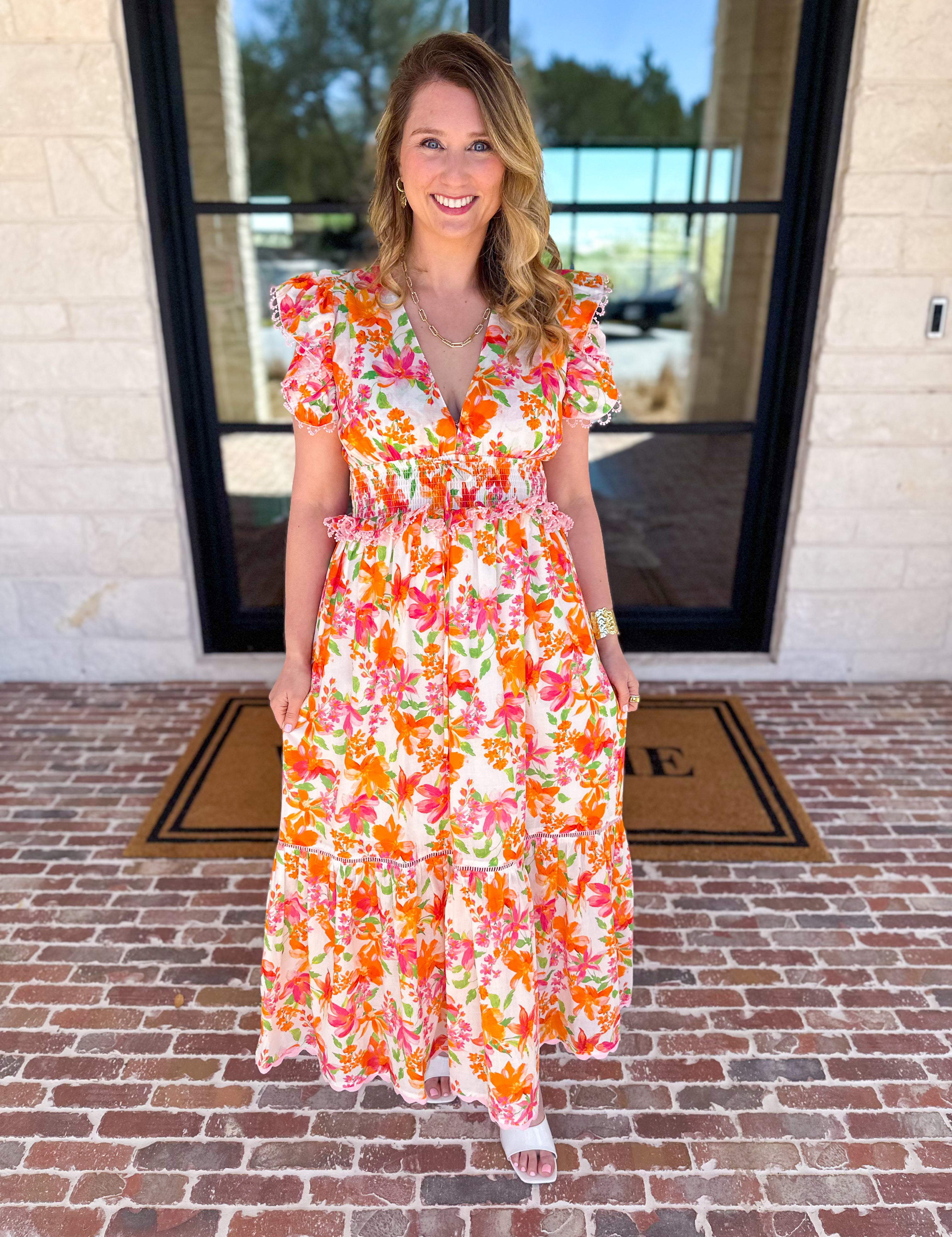 Sunset Petals Midi Dress-500 Midi-FATE-July & June Women's Fashion Boutique Located in San Antonio, Texas