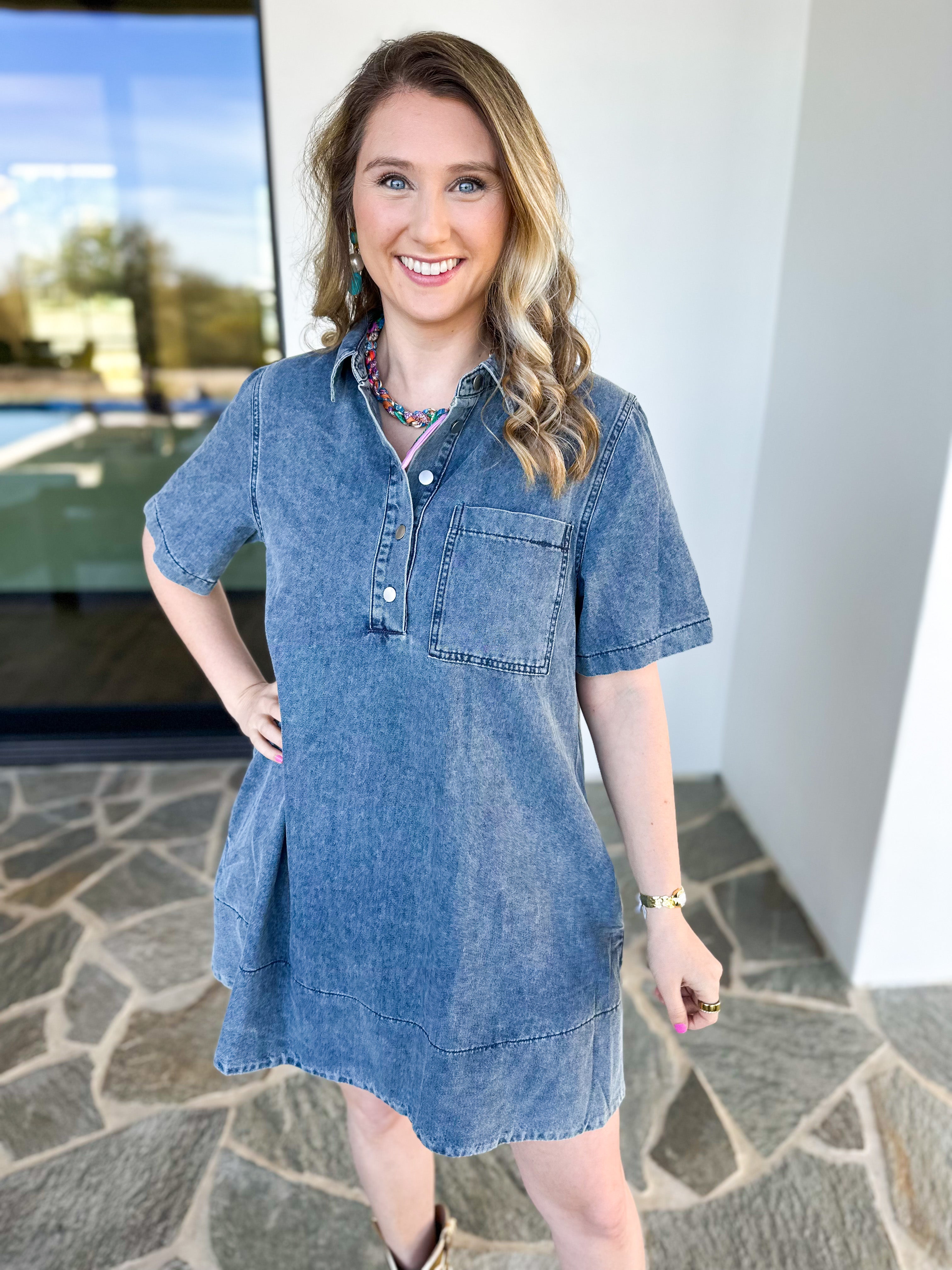Vintage Wash Denim Mini Dress-510 Mini-IN FEBRUARY-July & June Women's Fashion Boutique Located in San Antonio, Texas