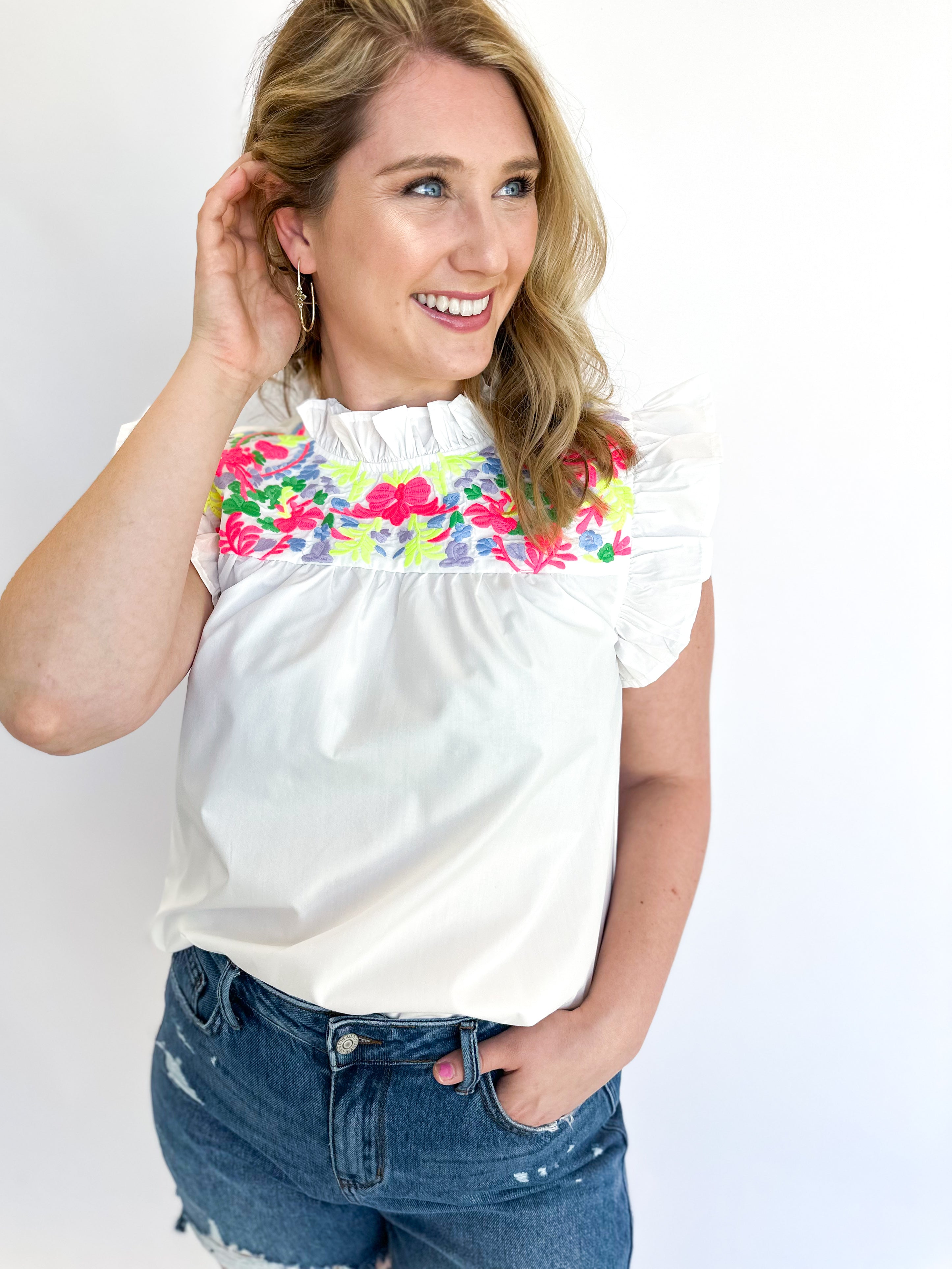 The Abigail Embroidered Blouse - Ivory & Neon-200 Fashion Blouses-JODIFL-July & June Women's Fashion Boutique Located in San Antonio, Texas