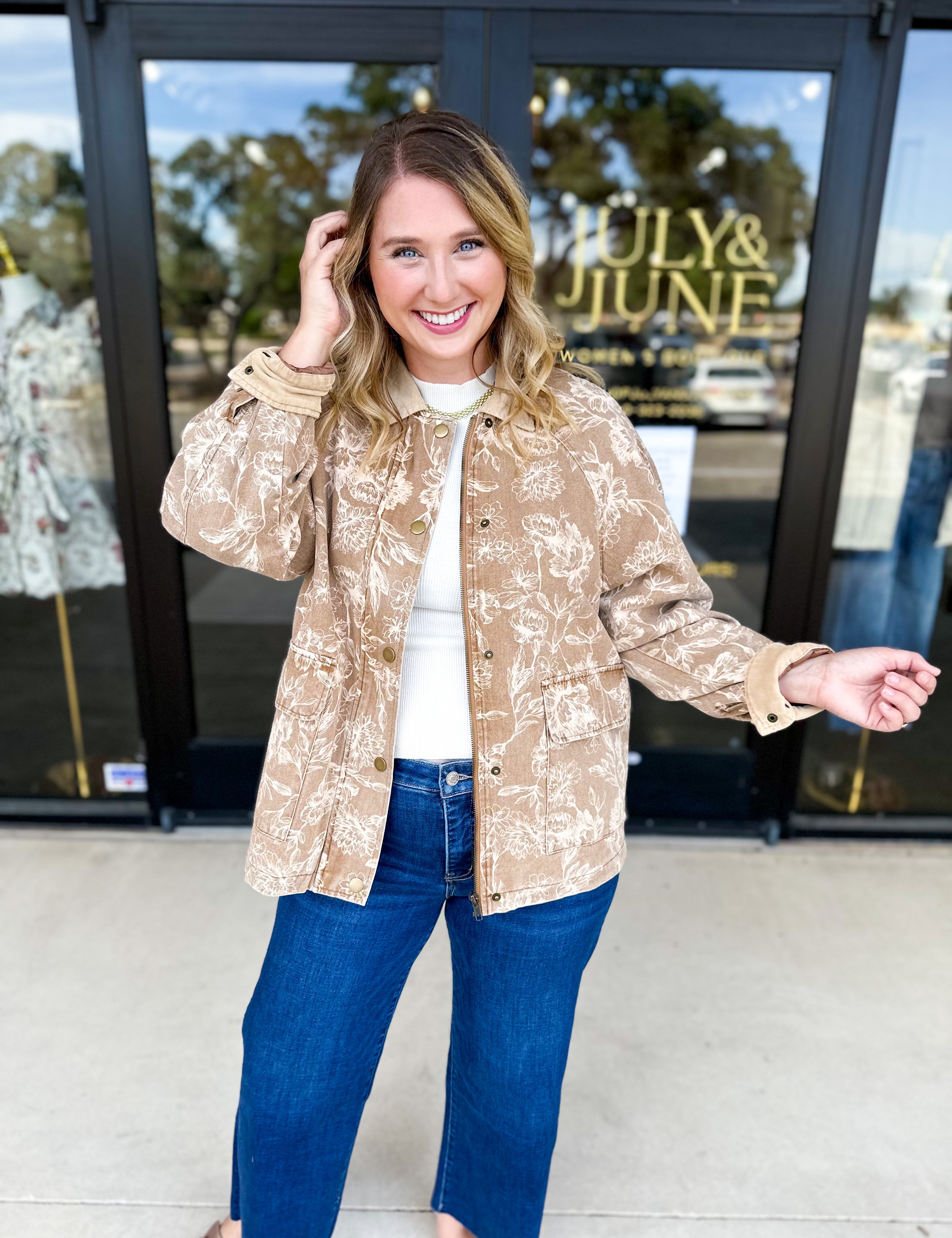 Tan Floral Jacket-600 Outerwear-FATE-July & June Women's Fashion Boutique Located in San Antonio, Texas