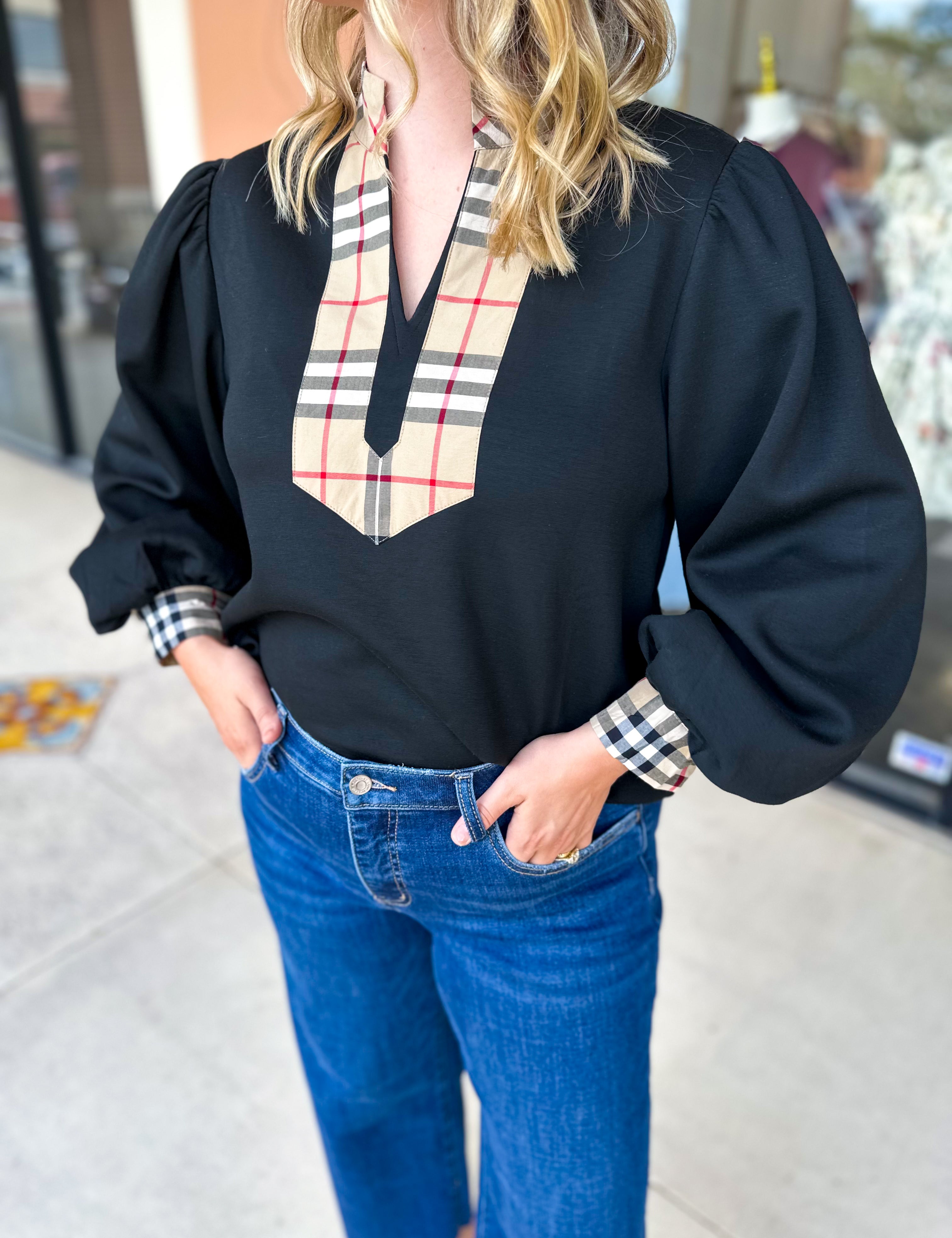 Tan & Black Tartan Blouse-200 Fashion Blouses-JODIFL-July & June Women's Fashion Boutique Located in San Antonio, Texas