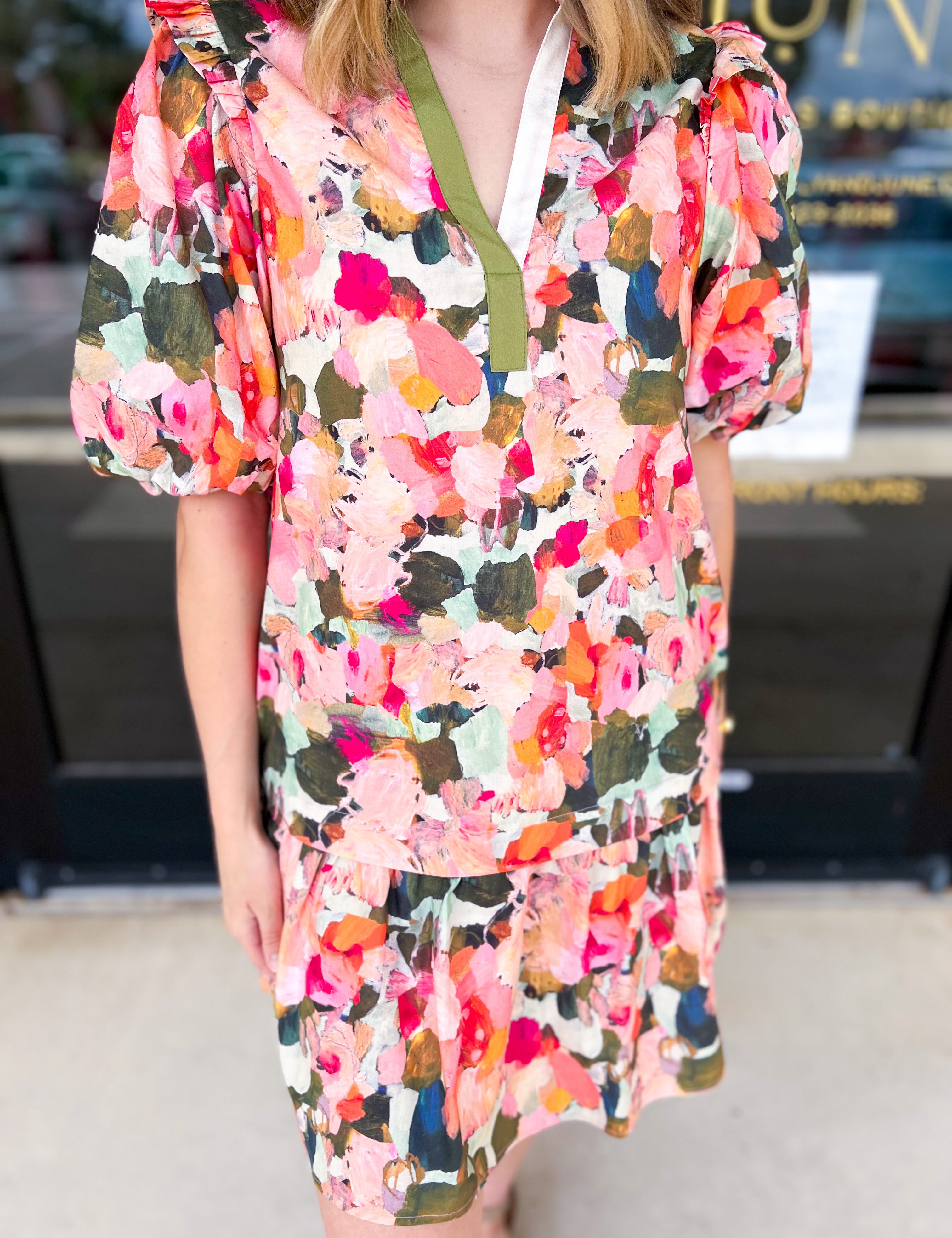 THML - Pink & Olive Abstract Mini Dress-510 Mini-THML-July & June Women's Fashion Boutique Located in San Antonio, Texas