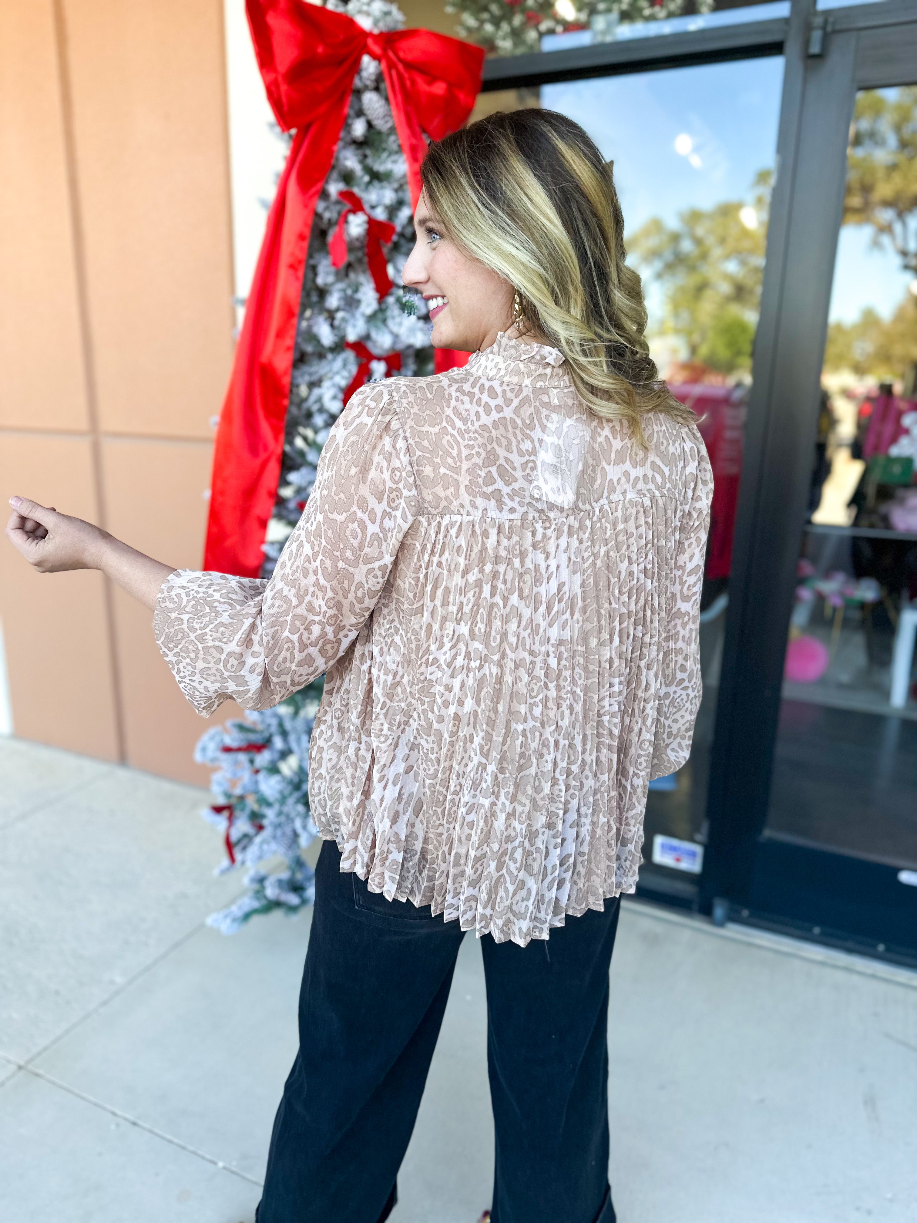 Champagne Cheetah Blouse-200 Fashion Blouses-FATE-July & June Women's Fashion Boutique Located in San Antonio, Texas