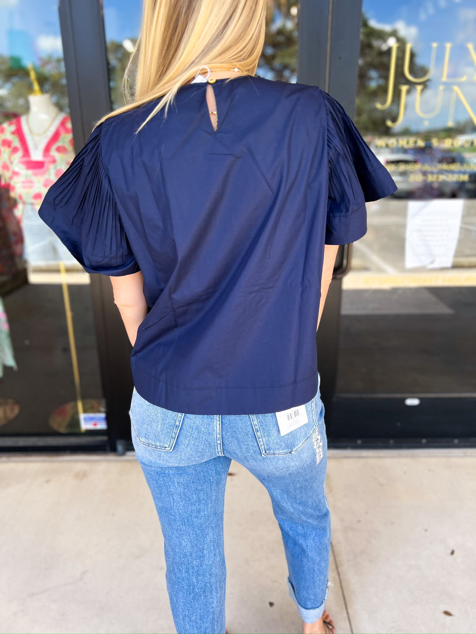 Navy Flutter Blouse-200 Fashion Blouses-PINCH-July & June Women's Fashion Boutique Located in San Antonio, Texas