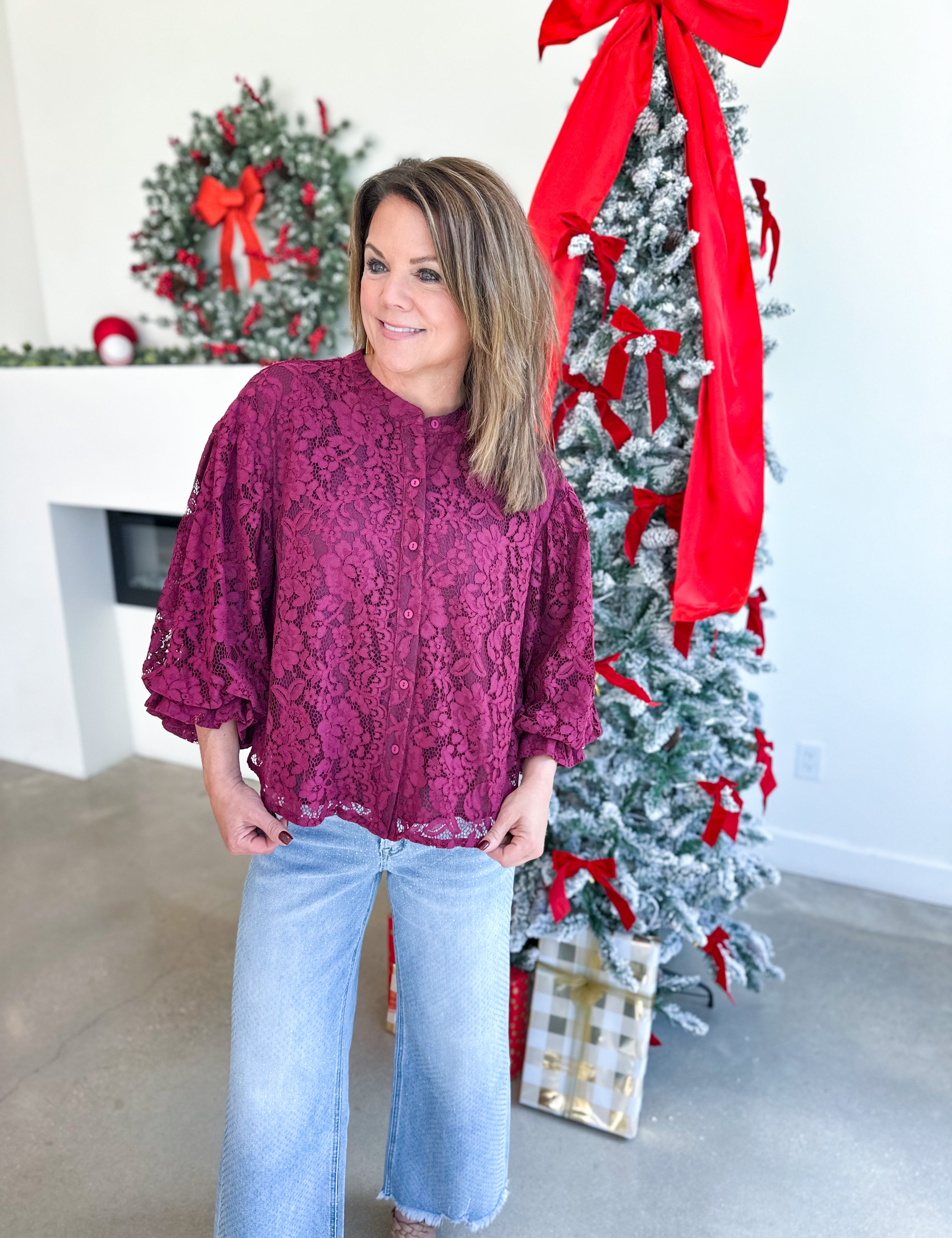 Merlot Lace Button Down Blouse-200 Fashion Blouses-FATE-July & June Women's Fashion Boutique Located in San Antonio, Texas