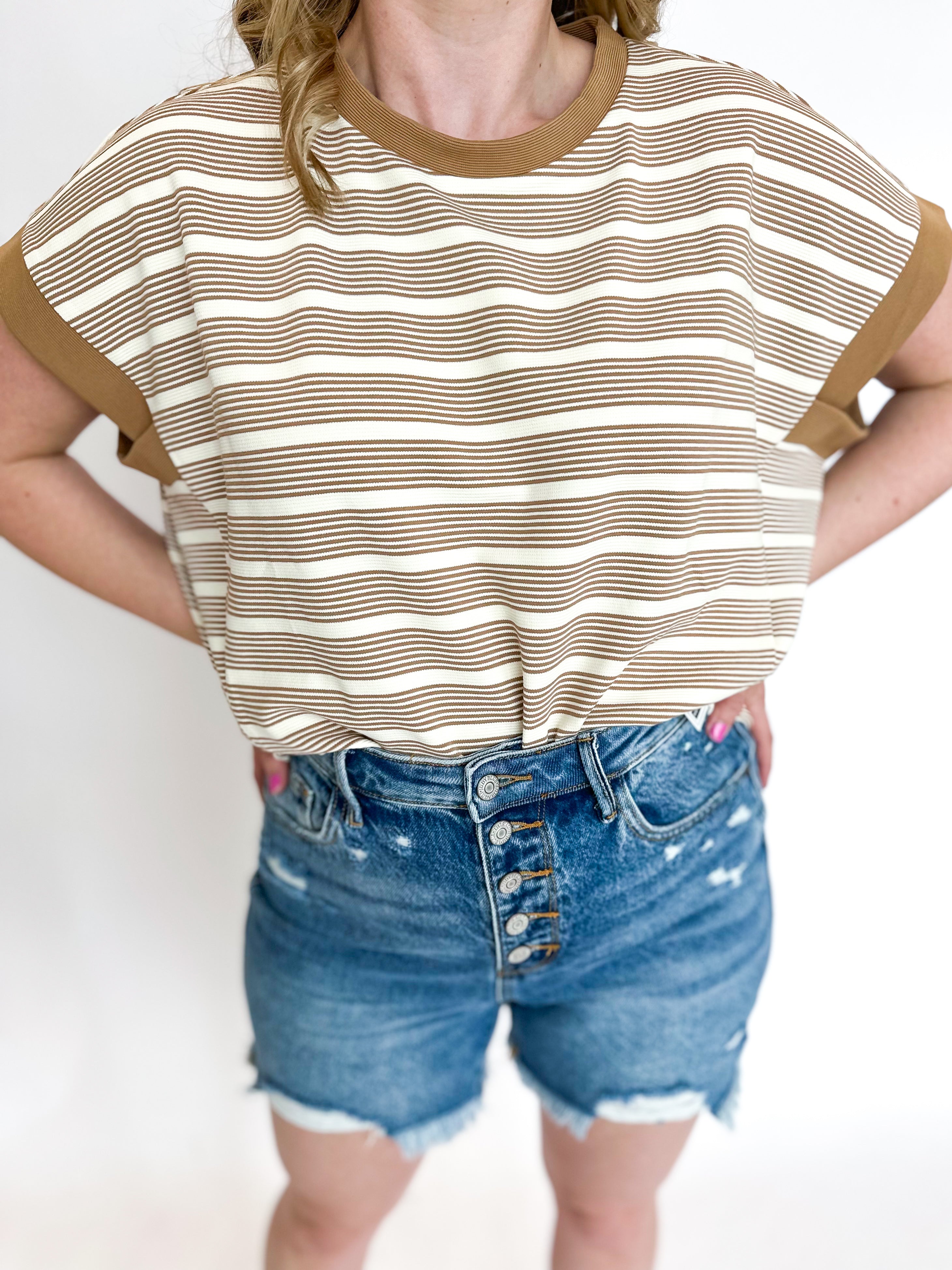 Breezy Striped Tee - Sand-210 Casual Blouses-ENTRO-July & June Women's Fashion Boutique Located in San Antonio, Texas
